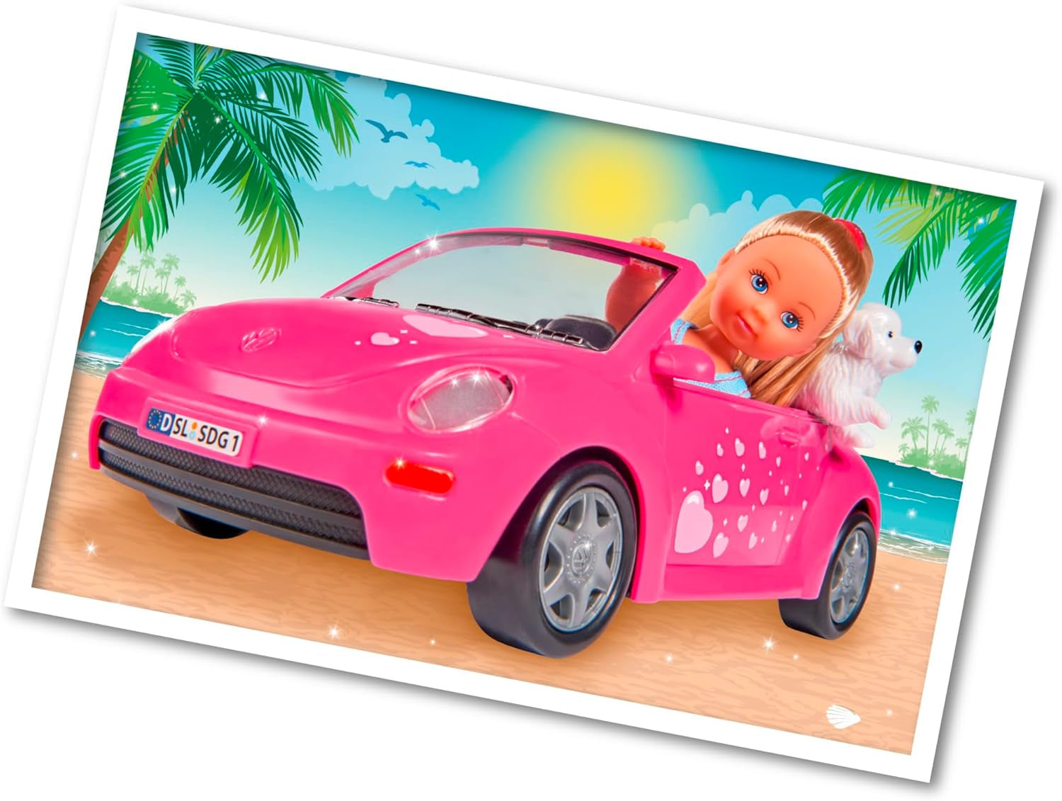Simba 105731539 - Evi Love Beetle-ul lui Evi, Evi cu mașină, mașină: 22 cm, cu câine, păpușă de modă, 12 cm, pentru copii cu vârsta de la 3 ani în sus