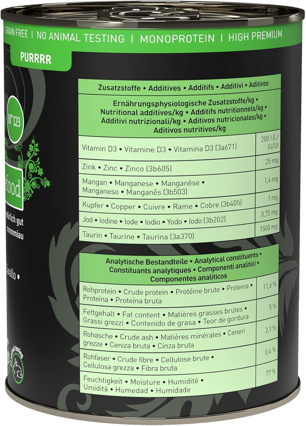 Hrană umedă pentru pisici Catz Finefood Purrrr Horse Monoprotein nr. 123, pentru pisici cu digestie sensibilă, conținut de carne de 70%, 6 cutii x 400 g
