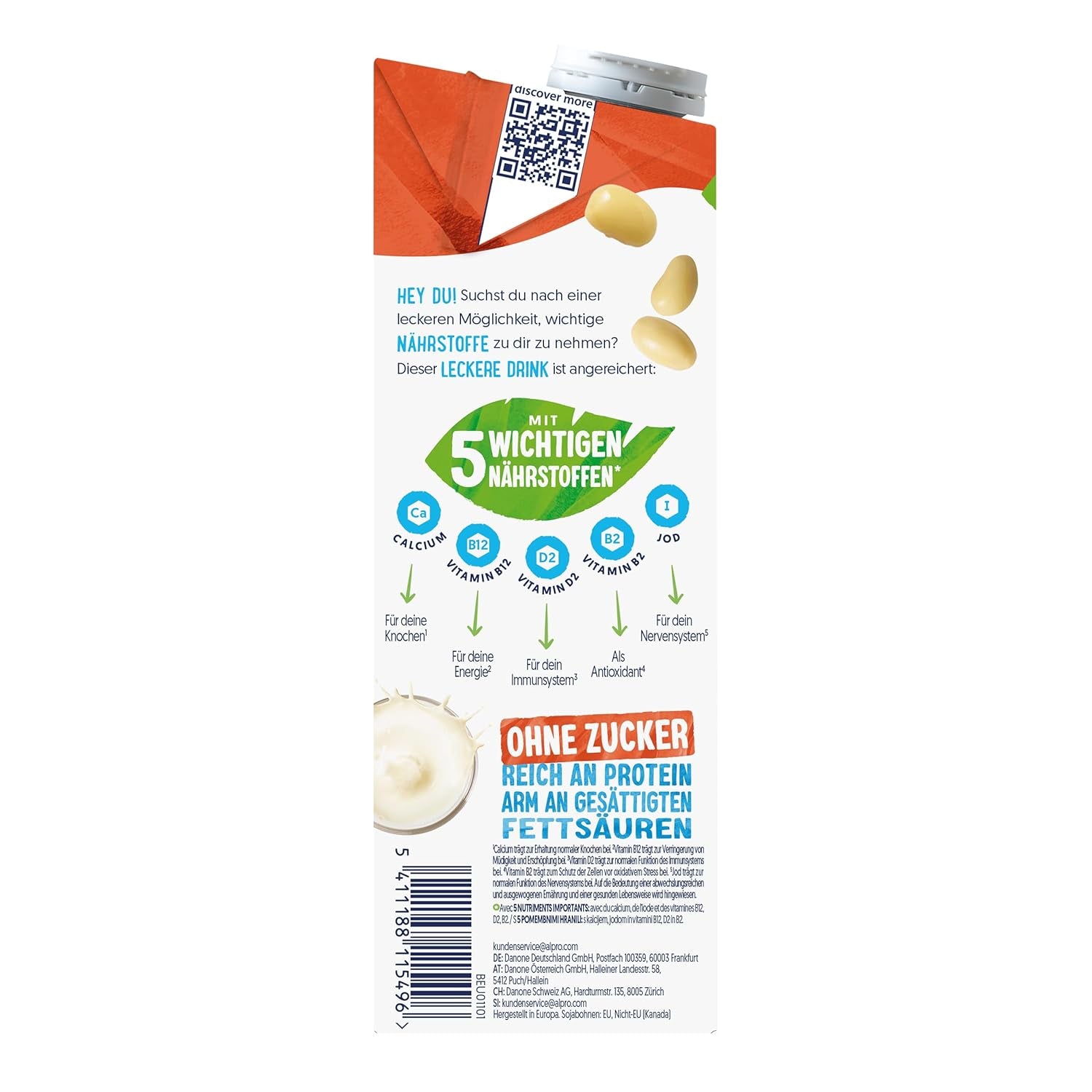 Alpro Sojadrink – Vegan und milchfrei – Von Natur aus laktosefrei und fettarm – Rich an pflanzlichen Proteinen, inhalt Calcium und Vitamine – 8 x 1 L – Haltbar
