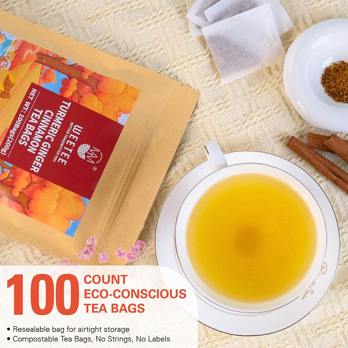 WEETEE Pliculețe de ceai cu turmeric, ghimbir și scorțișoară, 2 g x 100 bucăți Pliculețe de ceai cu turmeric, ghimbir și scorțișoară, ceai cald, picant și ușor dulce cu turmeric și ghimbir, bogat în antioxidanți, ceai cu mirodenii fără cofeină