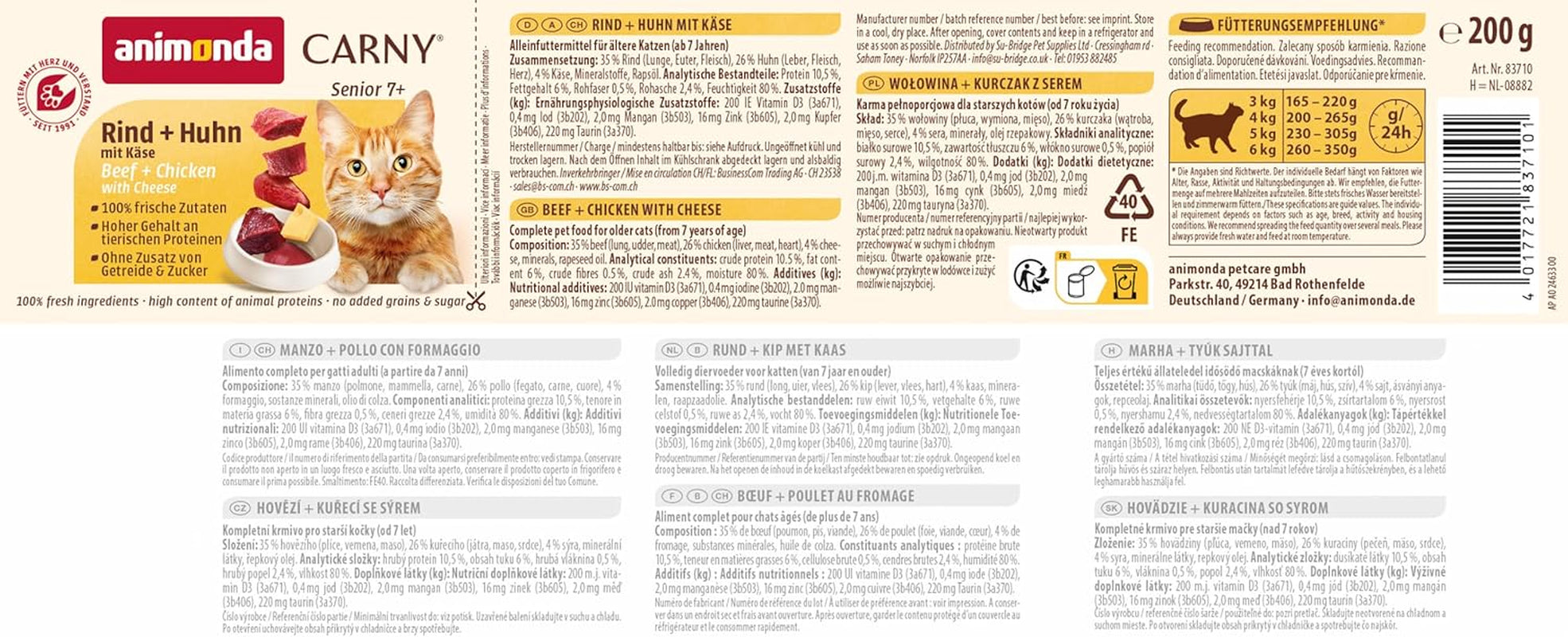 Animonda Carny Senior Hrană umedă pentru pisici cu vită + pui + brânză (6 x 200g), hrană umedă fără cereale și fără zahăr pentru pisici de 7 ani și peste, cu ingrediente proaspete și cărnoase