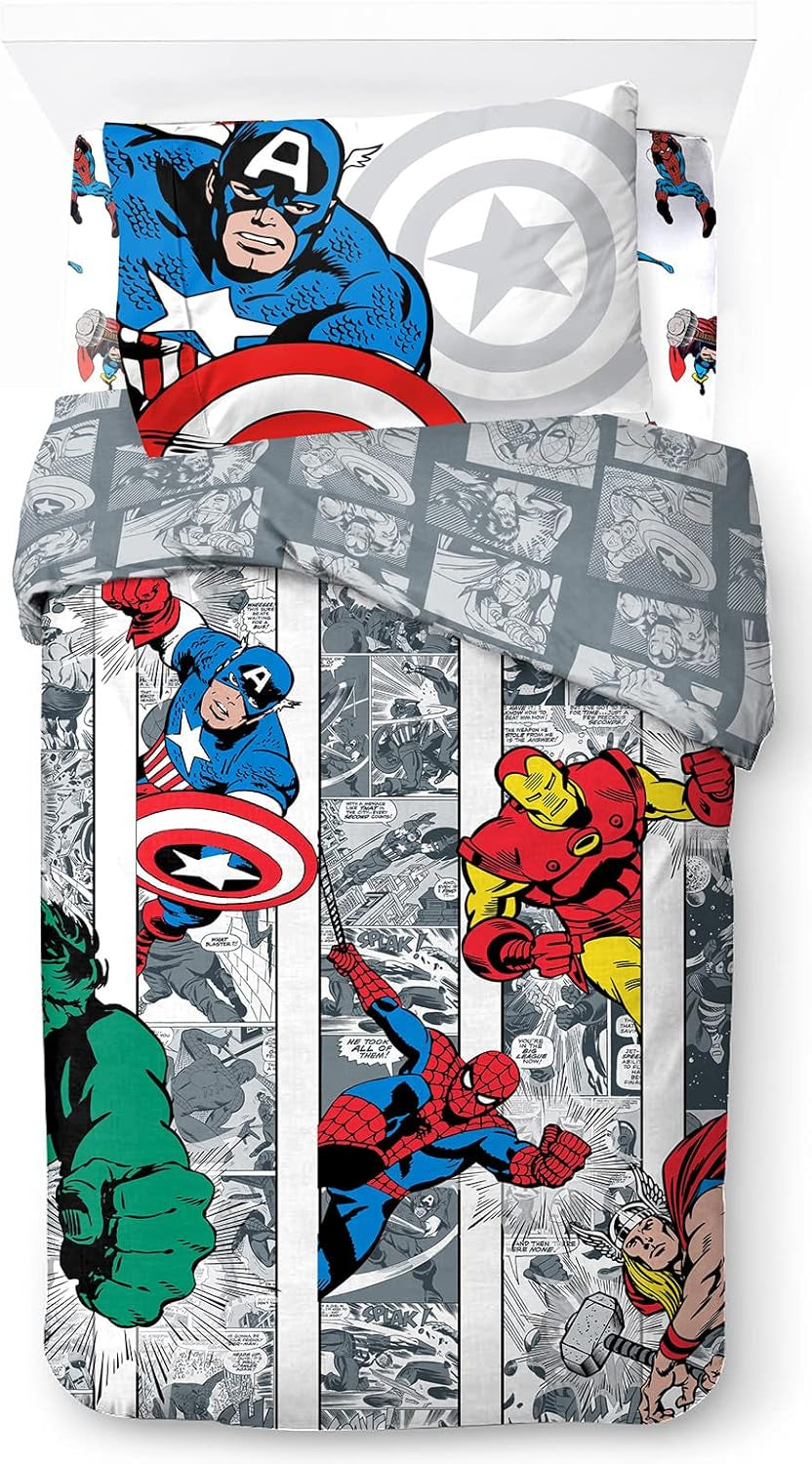 Biancheria letto per bambini, unisex, principesse e supereroi, 100% cotone Biancheria letto - bambini Naty Shop Multicolor - Avengers 135X200/50X70 (3 Pezzi)