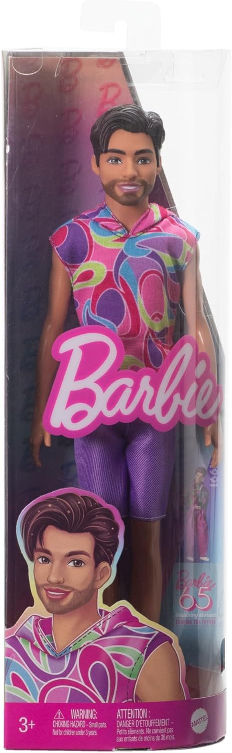 Barbie Fashionistas Ken Doll nr. 227 cu ținută care amintește de aspectul total al părului, păpușă de modă brunetă cu barbă scurtă și fizic subțire, 65th Anniversary Collectible Figure, HRH26 Papusi Naty Shop