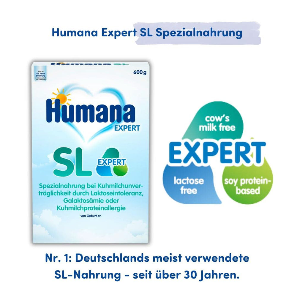 Humana SL Expert, dalla nascita, alimento speciale per intolleranza al latte vaccino dovuta a intolleranza al lattosio, galattosemia o allergia alle proteine ​​del latte vaccino, per neonati e bambini piccoli, 600 G Madre e bambino Naty Shop