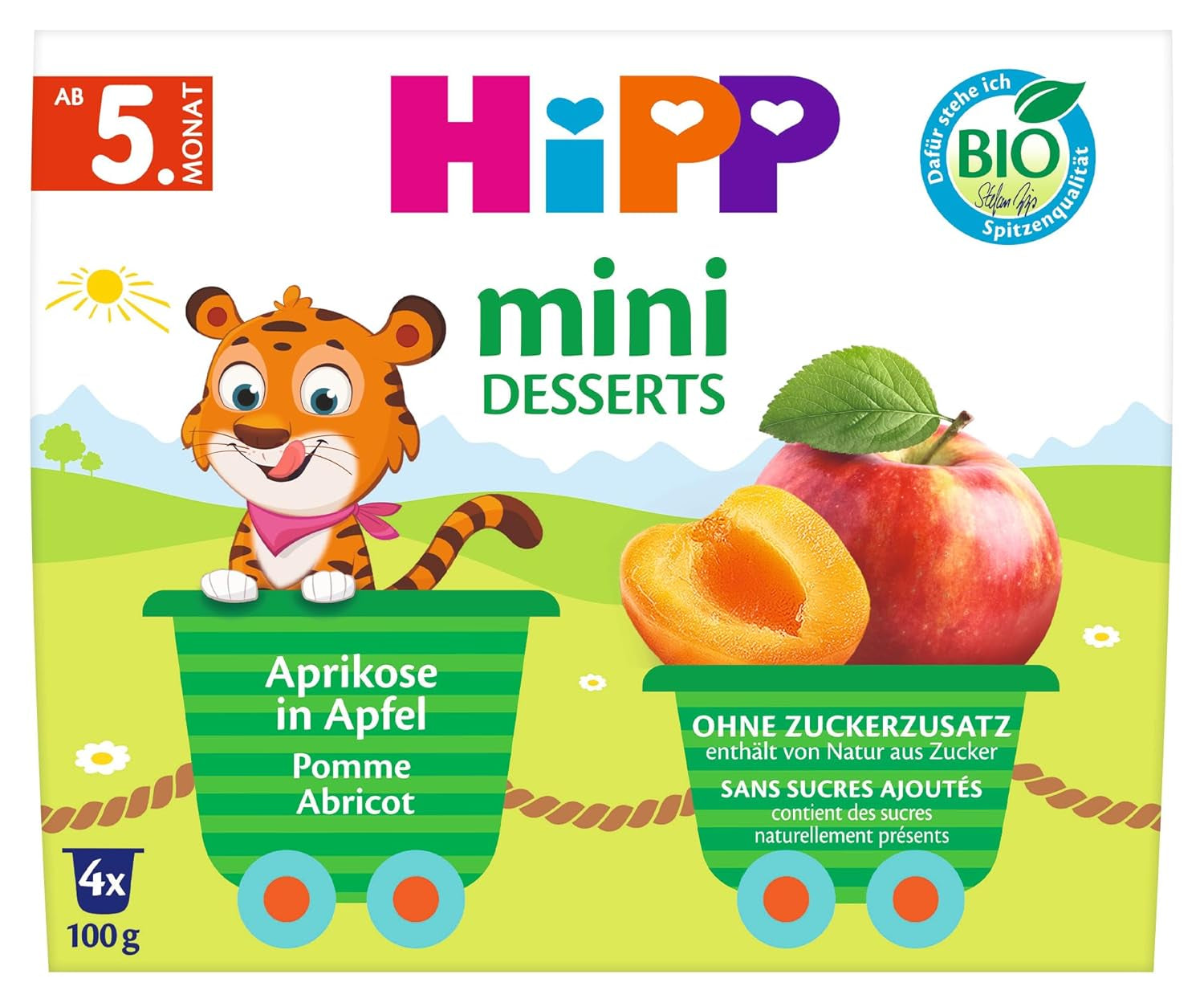 Mini dessert biologico HiPP con albicocca e mela (confezione da 6 x 4 x 100 g), a partire da 5 mesi, in pratiche tazze, senza zuccheri aggiunti, migliore qualità biologica