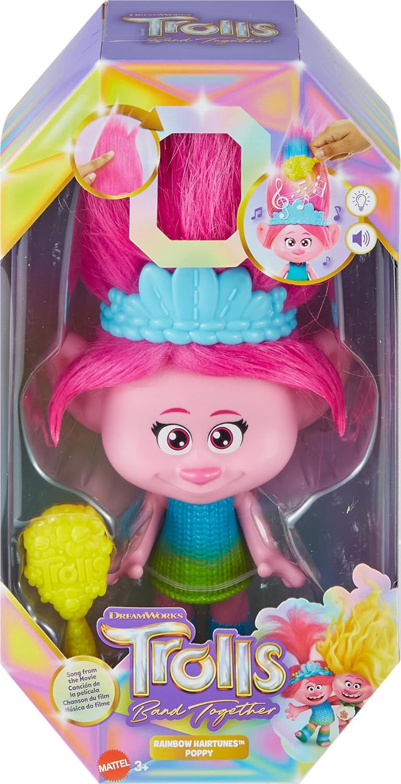 Mattel DREAMWORKS TROLLS Rainbow Hairtunes Poppy Doll - lumină și sunet, păr luminos, muzică și scaune, coroană detașabilă, pentru copii cu vârsta peste 3 ani, HNF20 Papusi Naty Shop