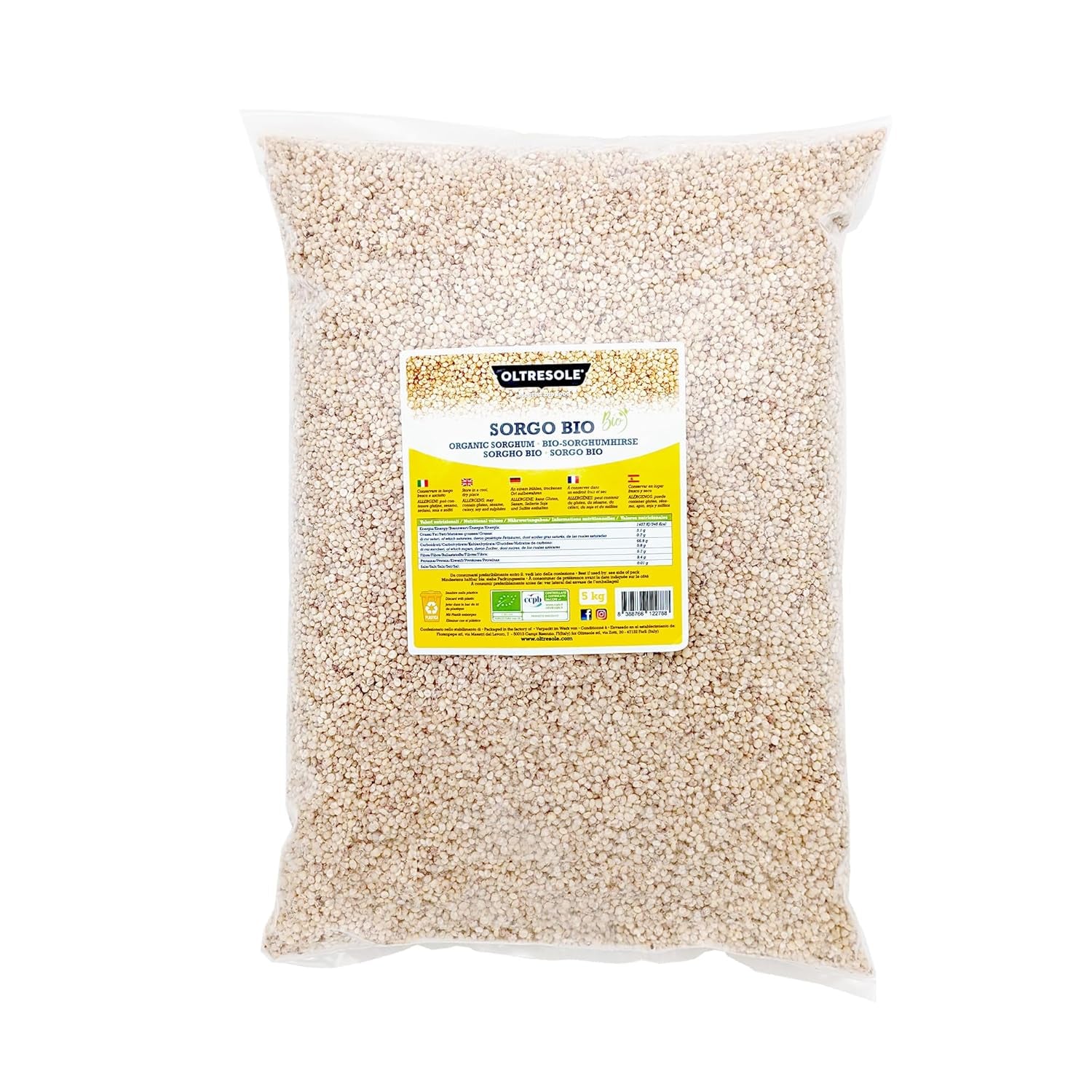 Sorgo bianco biologico, 1 kg, sgusciato, granella cruda, da coltivazione biologica in Italia, confezione ideale per la famiglia