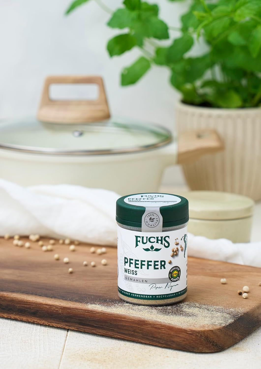 Fuchs Gewürze - Pfeffer weiß gemahlen - Pfeffer aus dem Amazonasgebiet, für helle Saucen, Fisch oder Suppen - natural Ingredients - 60 g in wiederverwendbarer, recyclebarer Dose