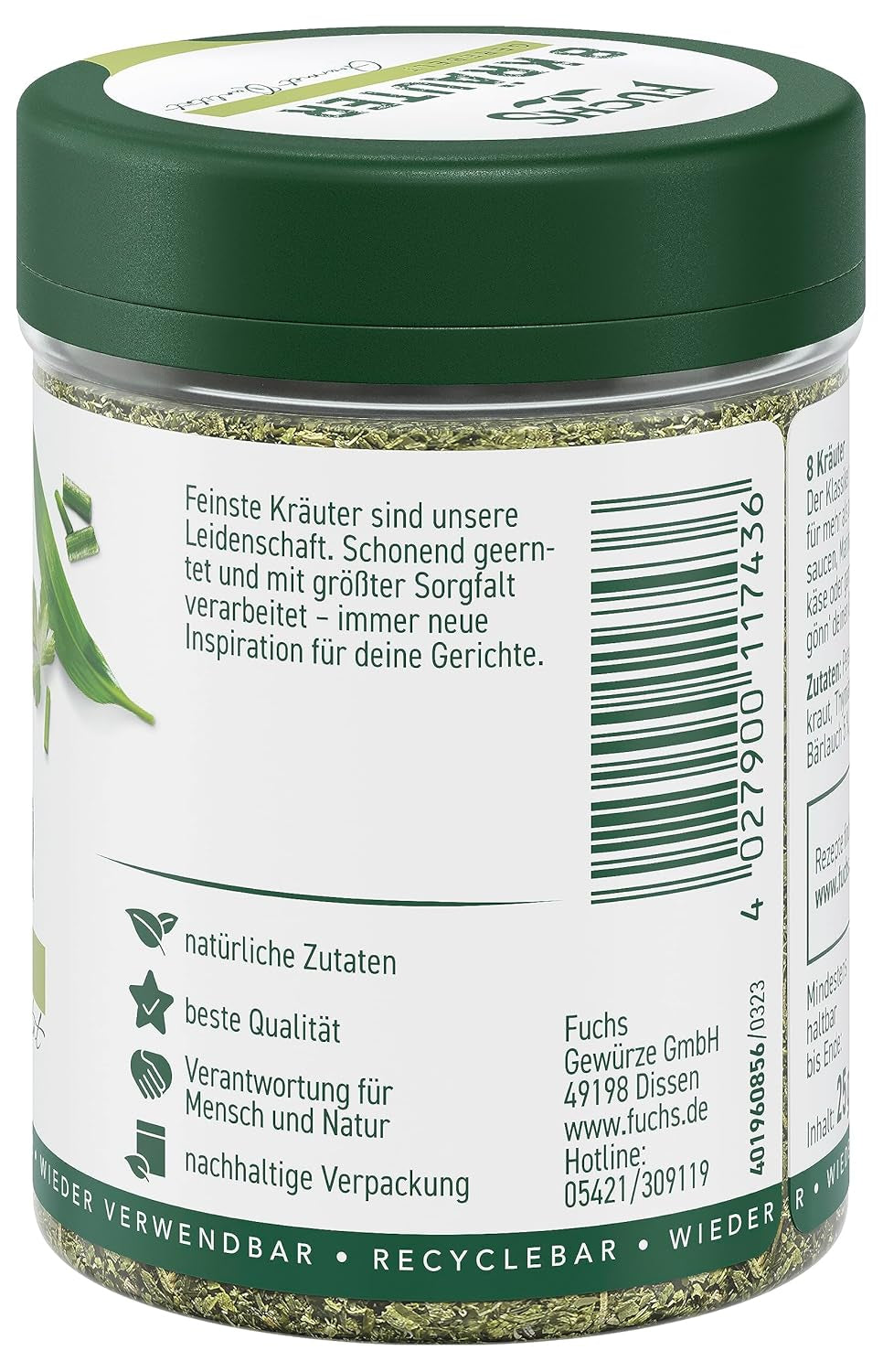 Fuchs Gewürze - 8 Kräuter gerebelt - Kräutermischung für Marinaden, Fischgerichte oder Kräuter-Frischkäse - ingredienti naturali - 25 g in wiederverwendbarer, recyclebarer Dose