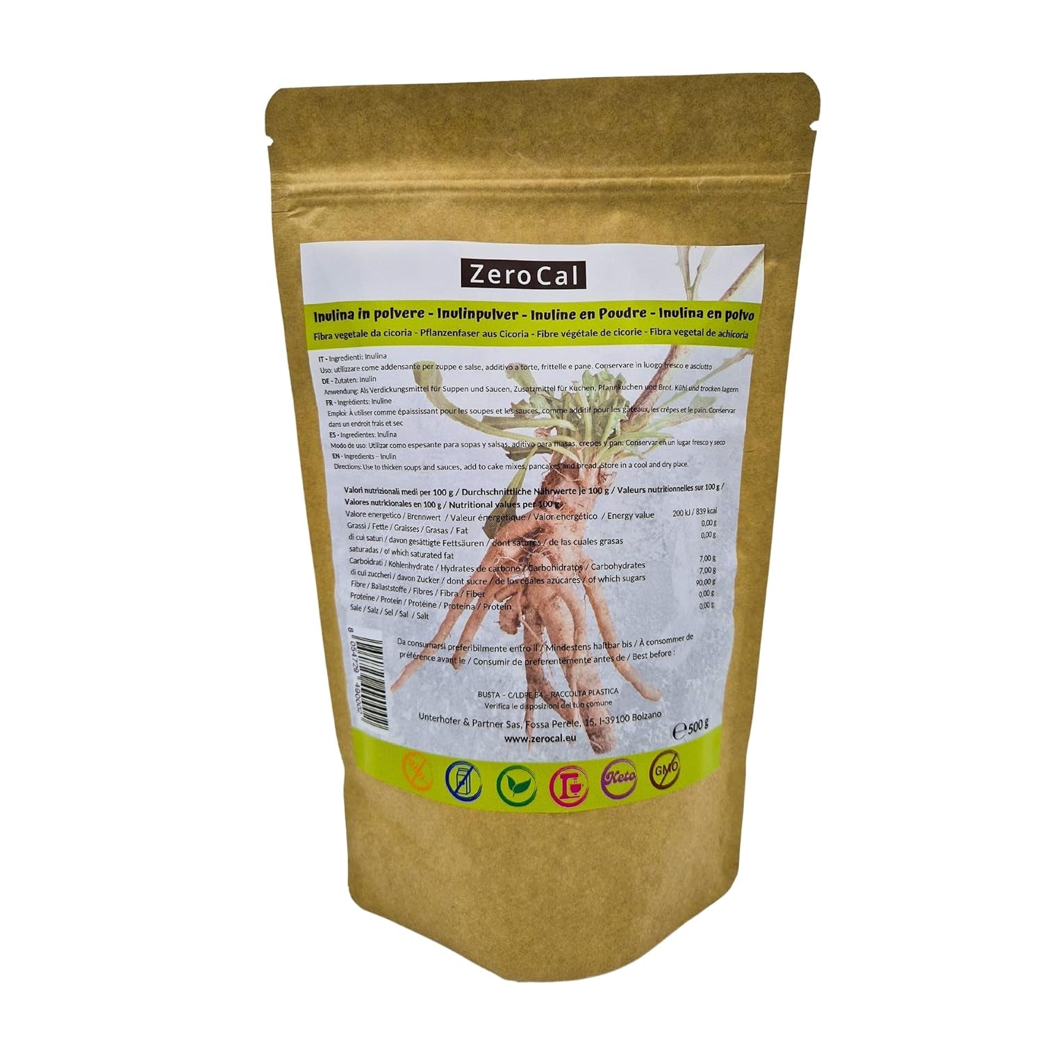 Zerocal - Polvere di Inulina Da Cicoria-Wurzel 500 G | Inulin Mit Hohem Ballaststoffgehalt |100% Vegan Und Glutenfrei |Herkunft Deutschland Dolcificanti Naty Shop Titolo predefinito