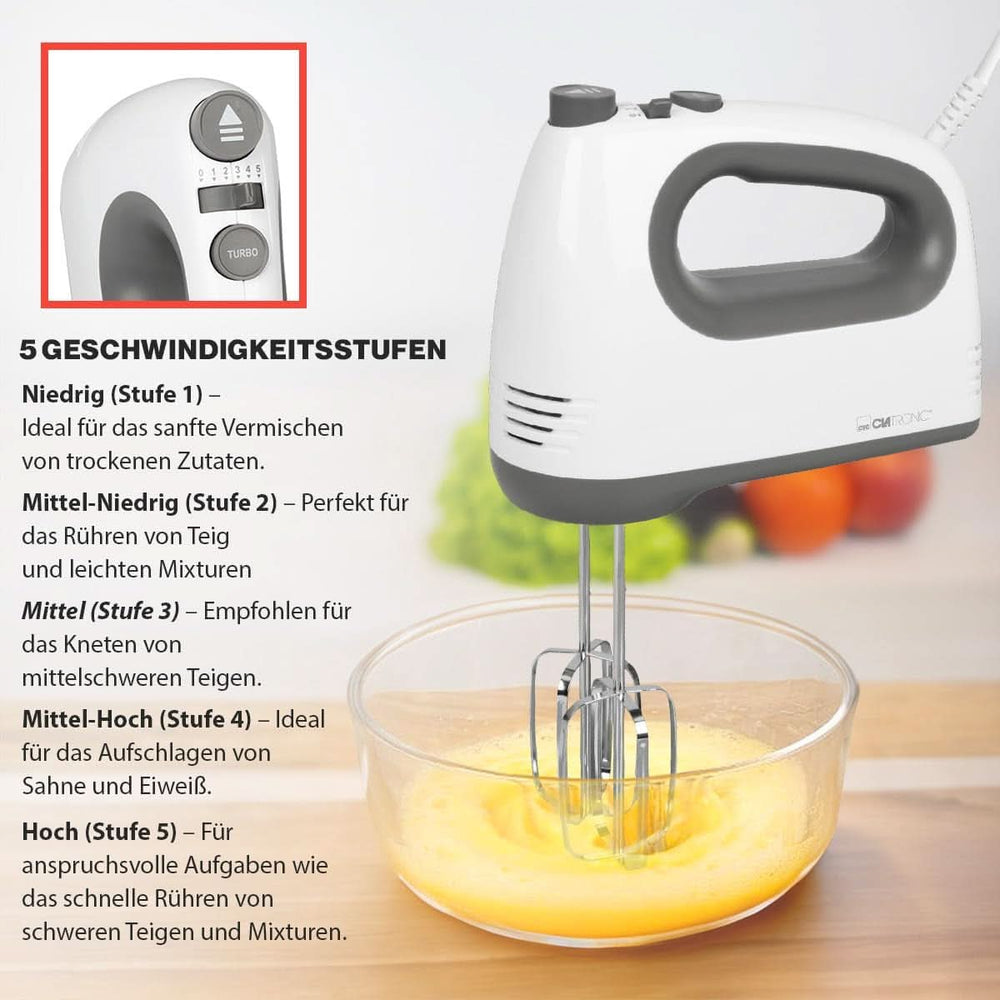 Mixer Clatronic | Motore Kraftvoller da 400 Watt | Sbattitore manuale | Turbostufe & 5 Geschwindigkeitsstufen | Sbattitore manuale | Spülmaschinengeeignete Edelstahlquirle Und -Knethaken | HM 3775 Cucina Naty Shop