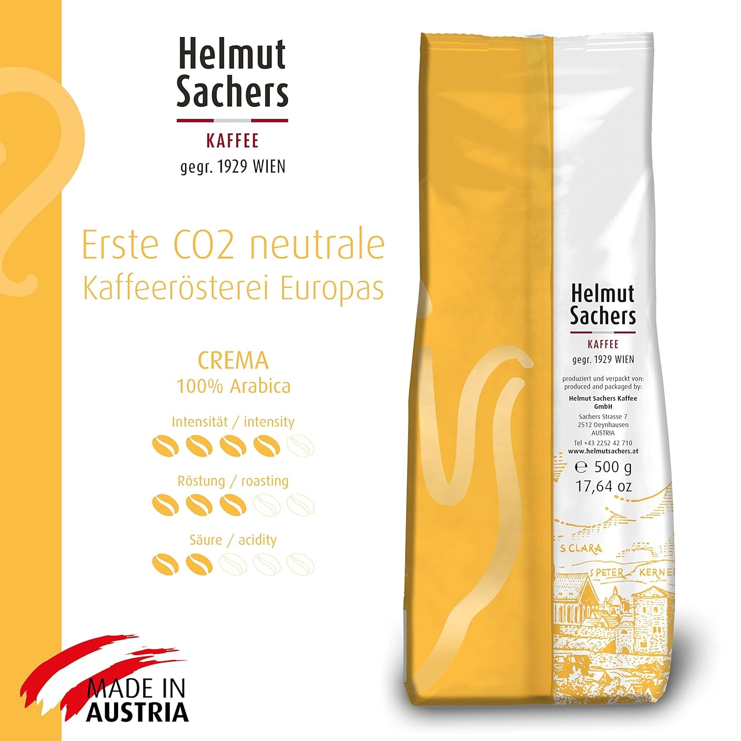 Cafea Helmut Sachers - Crema, Intensitate 4/5, 100% Arabica, boabe întregi de cafea, 6 x 500g