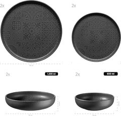 MÄSER 934064 Serie Tiles Modernes Vintage Geschirr Set Für 2 Personen in Maurischem Design Mit Mattglasur, 8-Teiliges Tafelservice Mit Tellern und Schalen Aus Hochwertiger Keramik, Steinzeug, Schwarz Set di stoviglie Naty Shop
