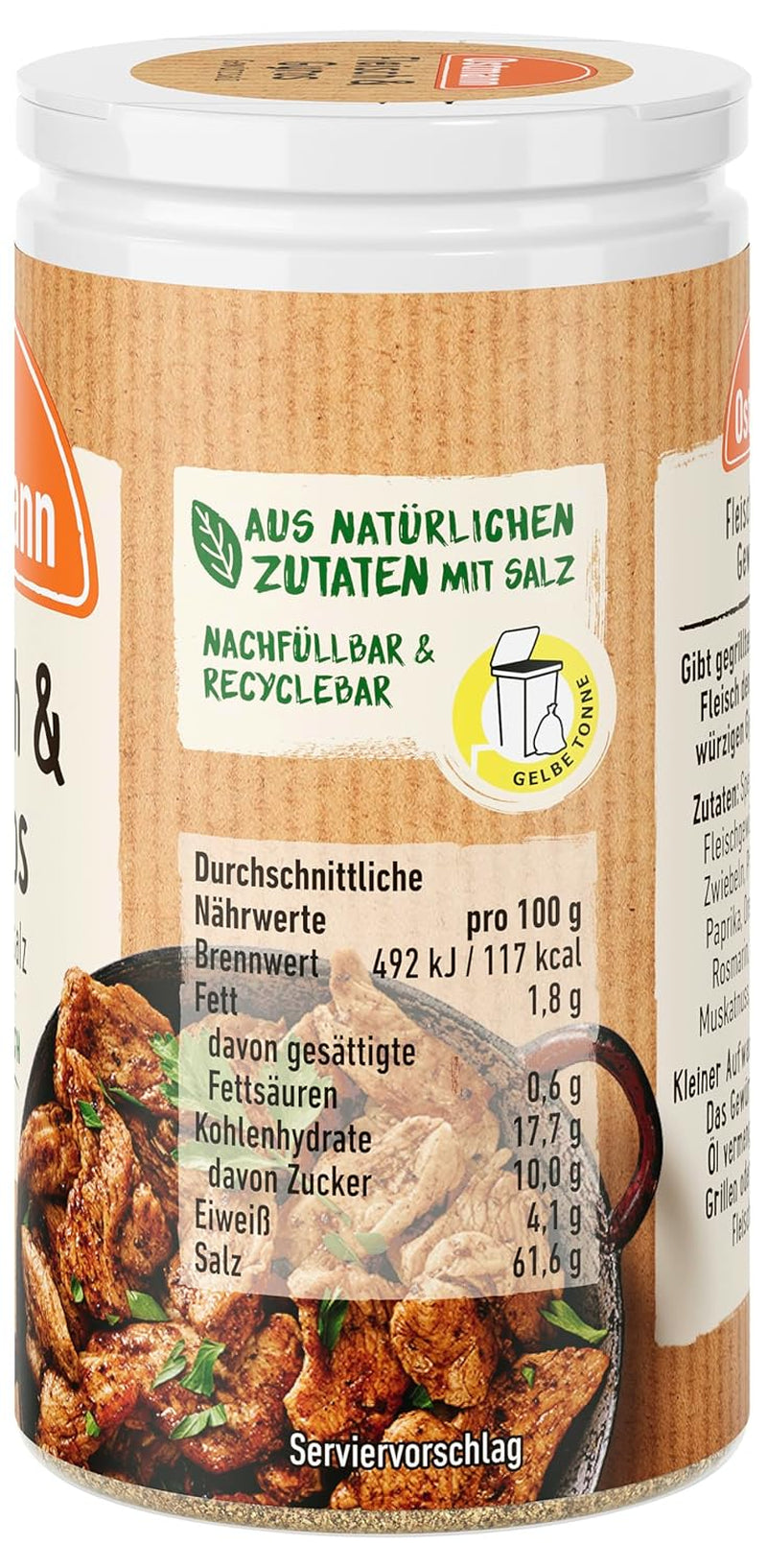 Ostmann Gewürze - Fleisch & Gyros Gewürzsalz | Pikantes Gewürz mit mediterraner Note für gegrilltes und gebratenes Fleisch | Mit praktischem Streuaufsatz | 50 g in un colino