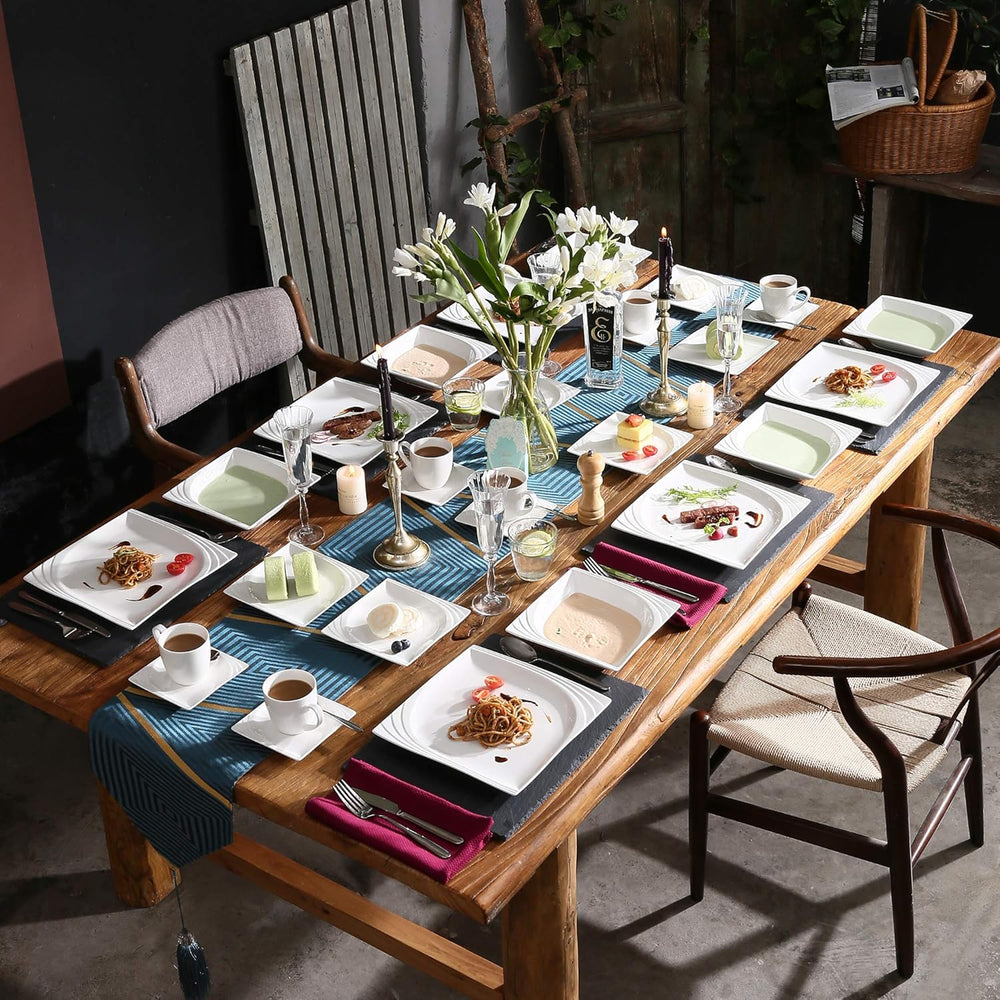 MALACASA, Seria Monica, Set de veselă pentru 12 persoane, Porțelan alb-crem, Serviciu combinat cu 12 cești de cafea, 12 farfurioare, 12 farfurii de desert, 12 farfurii de sumă și 12 farfurii de cină