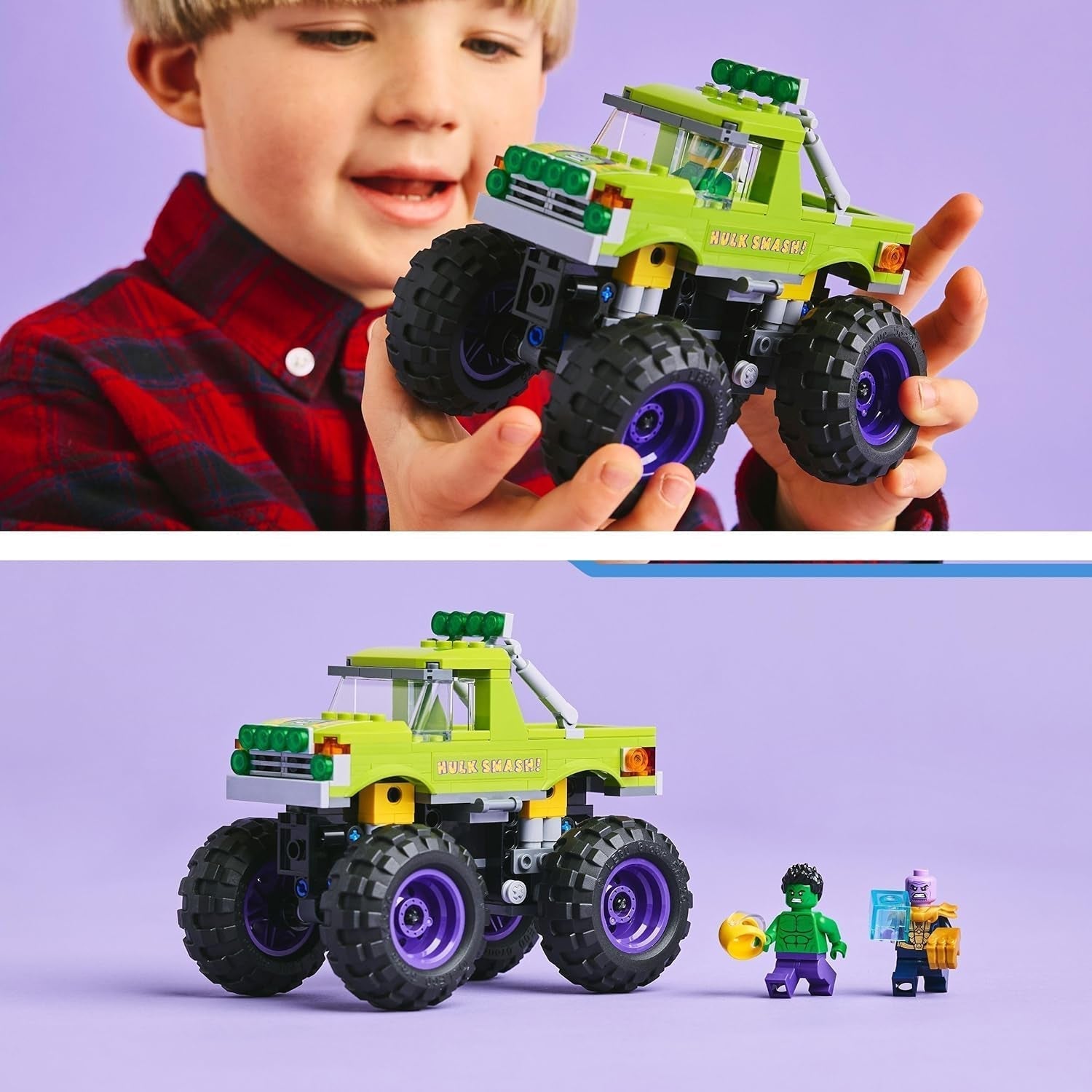 Il camion LEGO® Marvel Hulk vs. Thanos - Giocattolo da costruzione del supereroe - Veicolo e minifigure degli Avengers - Monster truck per un grande divertimento - Regalo per ragazzi e ragazze dai 7 anni - 76312 Set da costruzione Besuche den LEGO-Store