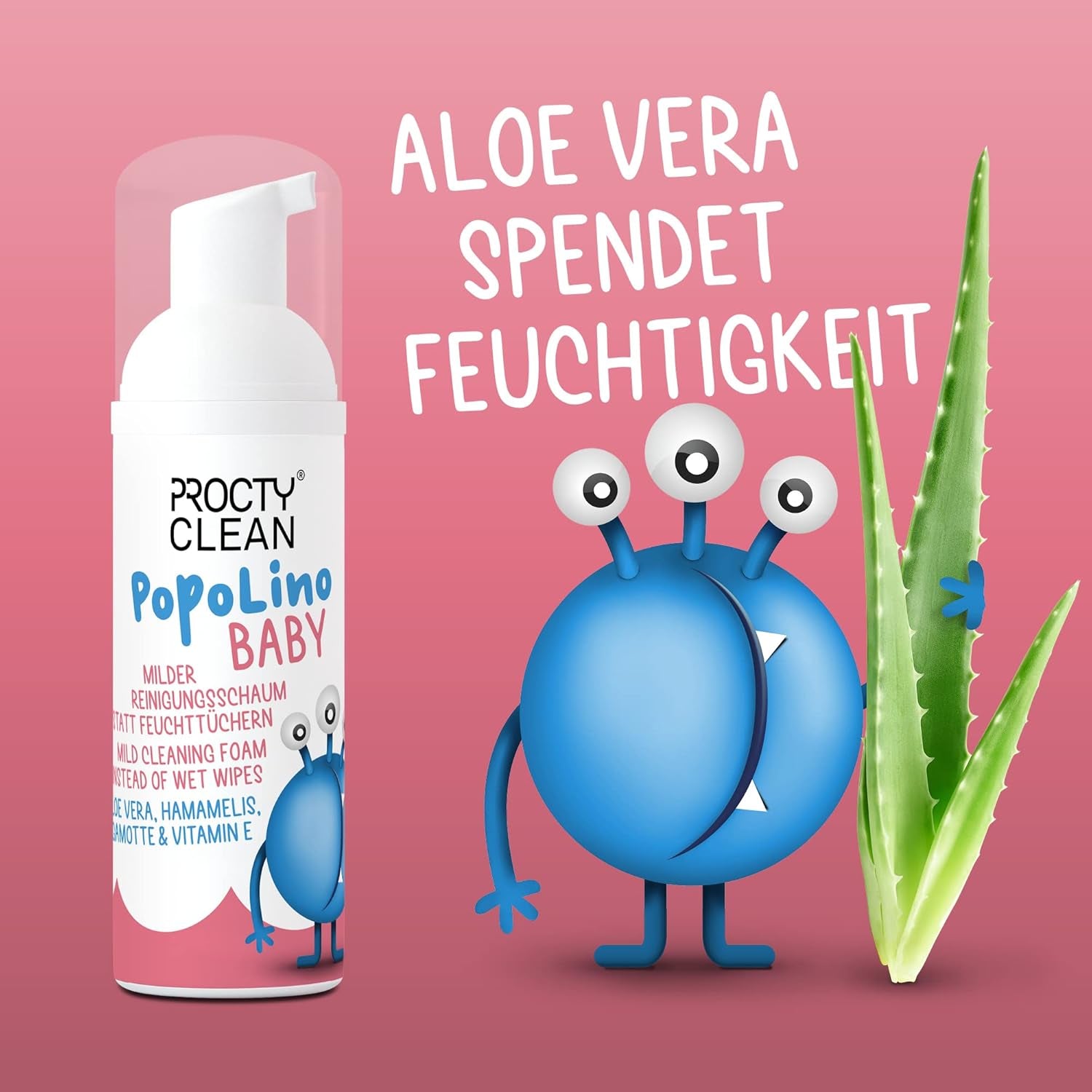 PopoLino Baby fondo morbido in schiuma al posto delle salviette umidificate. Schiuma detergente cosmetica vegana e naturale! Schiuma per i sederi con aloe vera, amamelide, bergamotto e vitamina E. Rende felici i sederi e l'ambiente.