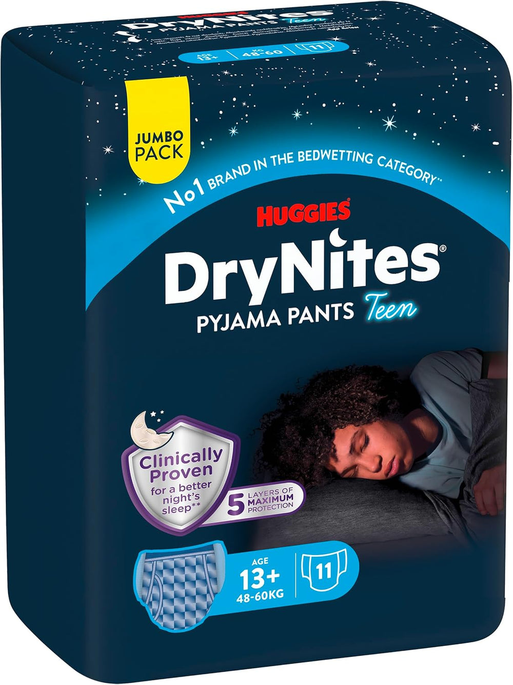 Huggies DryNites Pannolini per pipì notturna, Ragazzi 13-17 anni circa (48-60 kg), 33 pezzi (3x11), confezione mensile Jumbo, slip XL