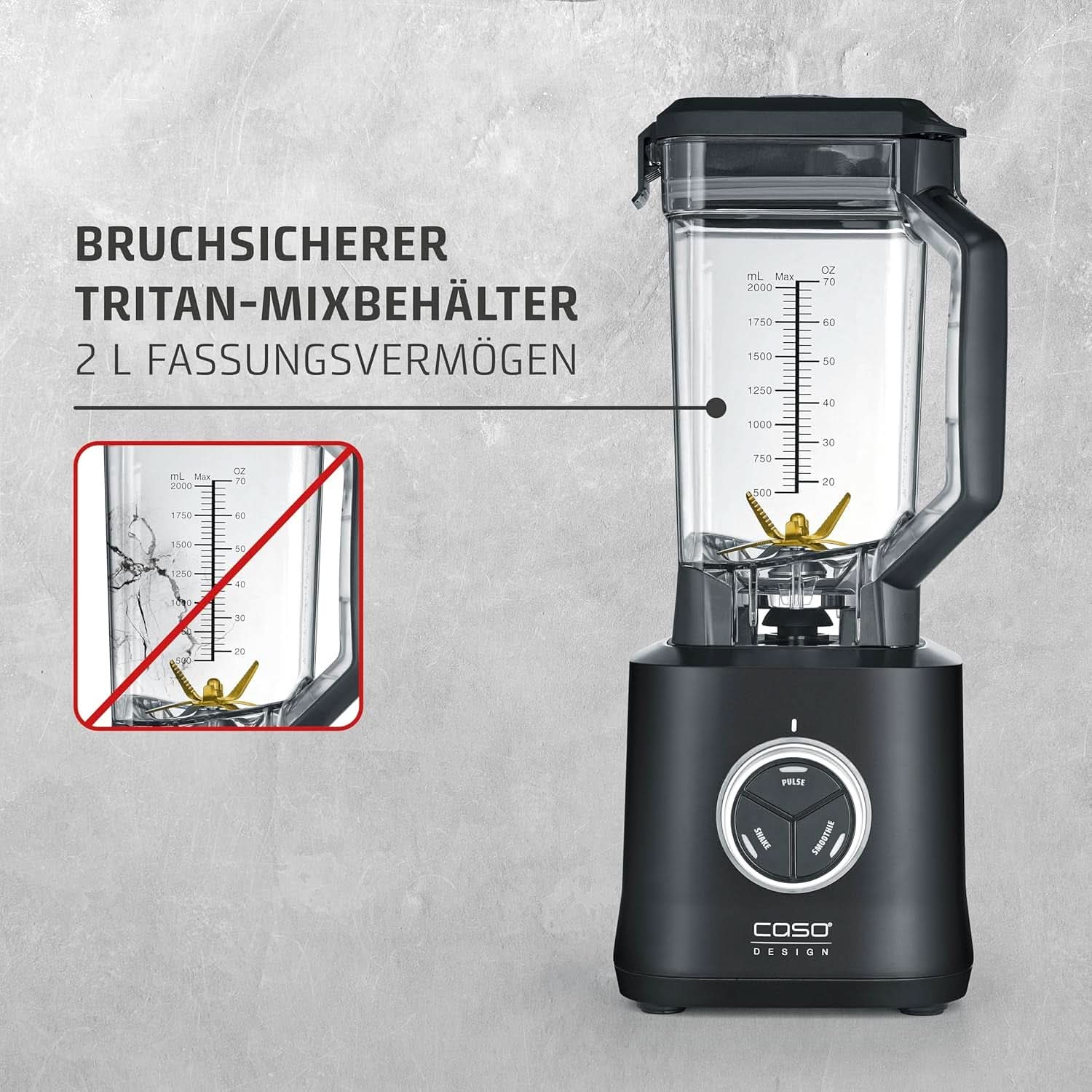 CASO Powerblender B 2000 - Robot da cucina professionale, 30.000 giri/min, 2000 Watt, miscelatore Tritan-Mix (2 L), Bpa-Frei, Pulse-, Shake-, Smoothie-Funktion, 8-Fach Messer-System Mit Titanbeschichtung Kitchen Naty Shop