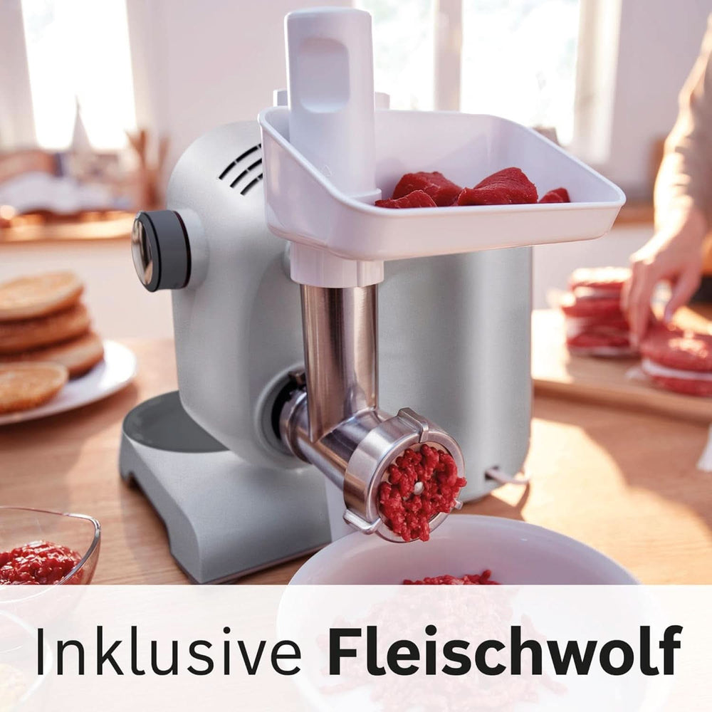 Bosch Küchenmaschine Serie 4 MUM56340, Schüssel 3,9 L, Mixer 1,25 L, Fleischwolf, Zitruspresse, Planetenrührwerk, Knethaken, Schlag-, Rührbesen, Durchlaufschnitzler, 3 Scheiben, 900 W, Argento/Grau Madre e bambino Naty Shop