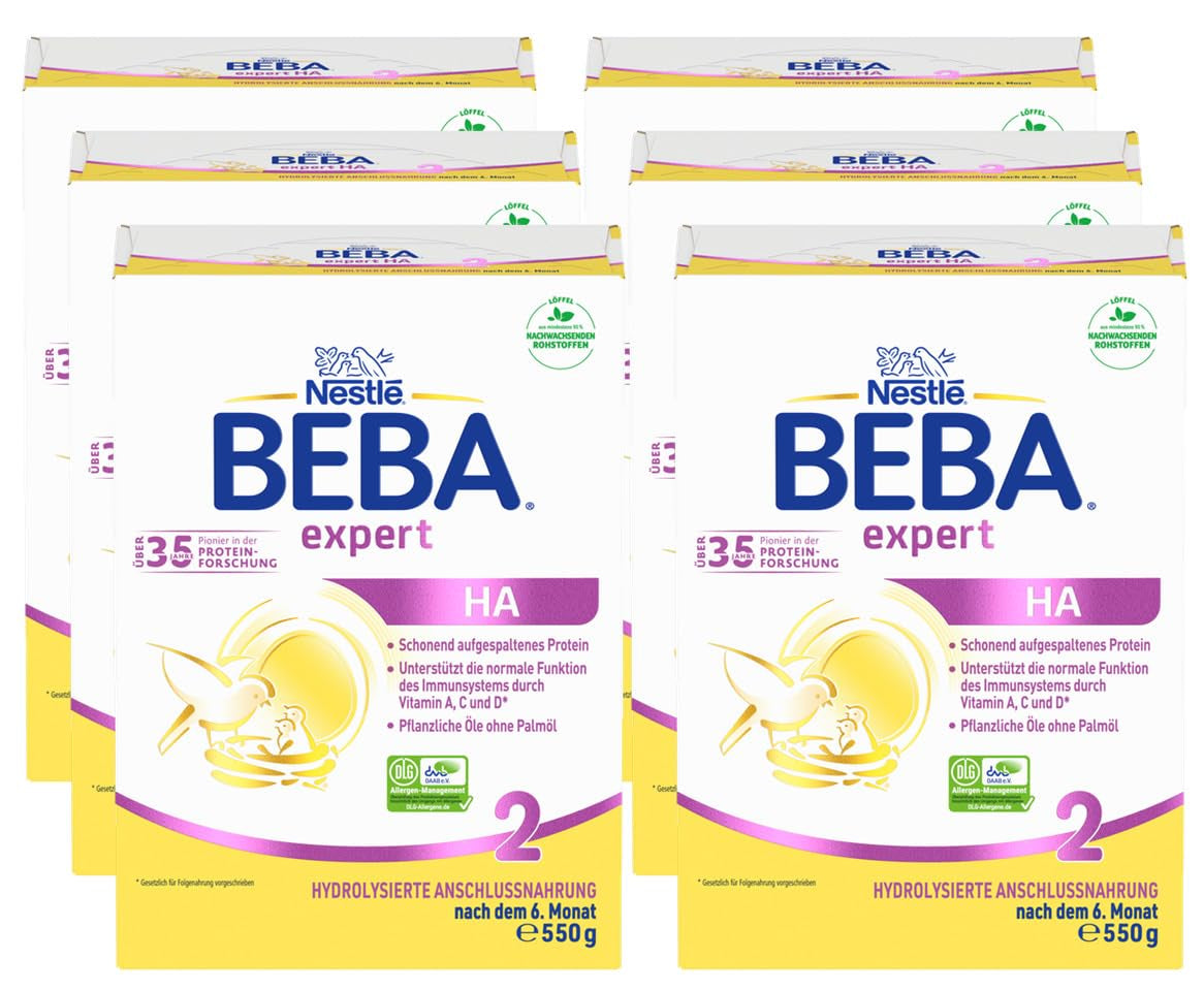 BEBA Expert HA 2 Lapte de continuare după 6 luni, hrană pentru copii cu proteină hidrolizată, doar lactoză, fără ulei de palmier, pachet de 6 (6 x 550 g) Naty Shop