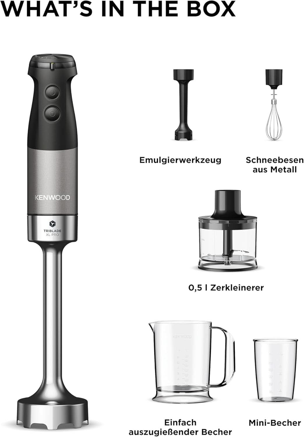 Kenwood Triblade XL Pro Stabmixer HBM80.322BK, 1200W, velocità variabile, Edelstahl(Pürierfuß), Schneebesen, Emulgieraufsatz, 500Ml Zerkleiner, 700 & 250Ml Becher, Spülmaschinenfeste Teile Bucatarie Naty Shop
