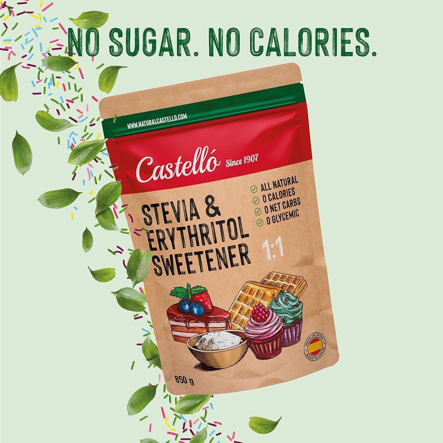 Stevia + eritritolo 1:1 sostanza nutriente | 1G = 1GZucker | 100% Natürlicher Zuckerersatz - 0 Kalorien - 0 Glykämischer Index - Keto Und Paleo - 0 Netto-Kohlenhydrated - Kein GVO - Castello since 1907-850 G Dolcificanti Naty Shop