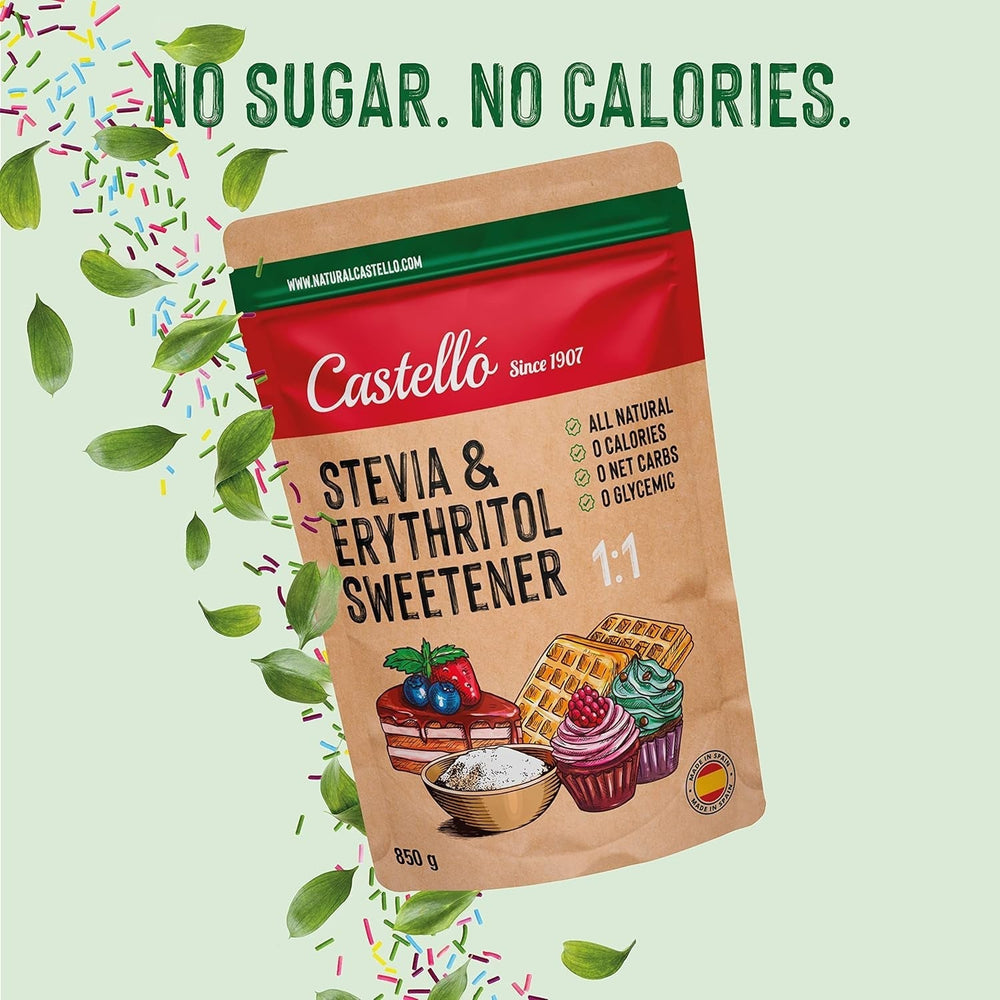 Stevia + eritritolo 1:1 sostanza nutriente | 1G = 1GZucker | 100% Natürlicher Zuckerersatz - 0 Kalorien - 0 Glykämischer Index - Keto Und Paleo - 0 Netto-Kohlenhydrated - Kein GVO - Castello since 1907-850 G Dolcificanti Naty Shop