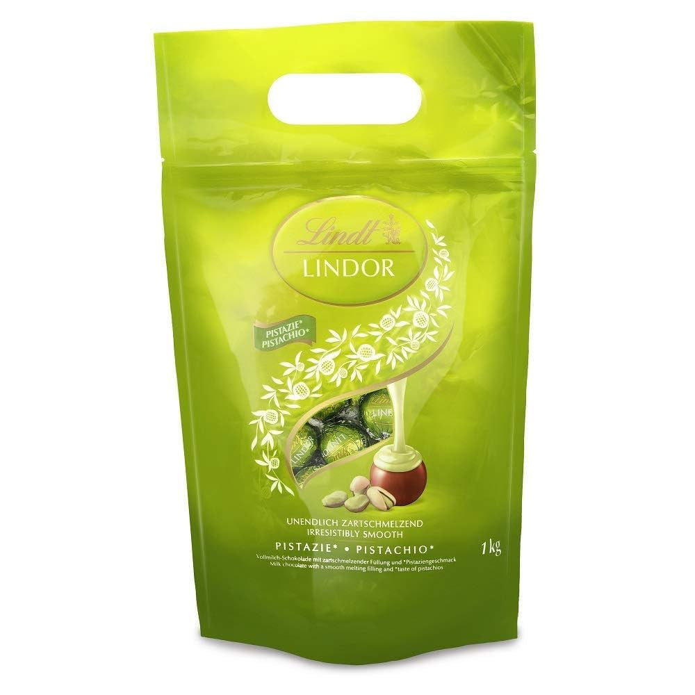 Lindt LINDOR Cioccolato al Pistacchio | Busta richiudibile da 1 kg | ca. 80 palline di cioccolato al latte con ripieno di crema al pistacchio che si scioglie in bocca | Confezione sfusa, regalo pralinato