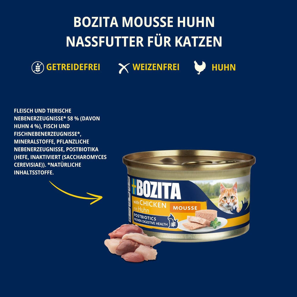 Bozita Mousse Chicken – 12 x 85 g hrană umedă pentru pisici cu textură fină de mousse și pui – rețetă fără cereale, fără zahăr adăugat – cu postbiotice pentru a susține o floră intestinală sănătoasă