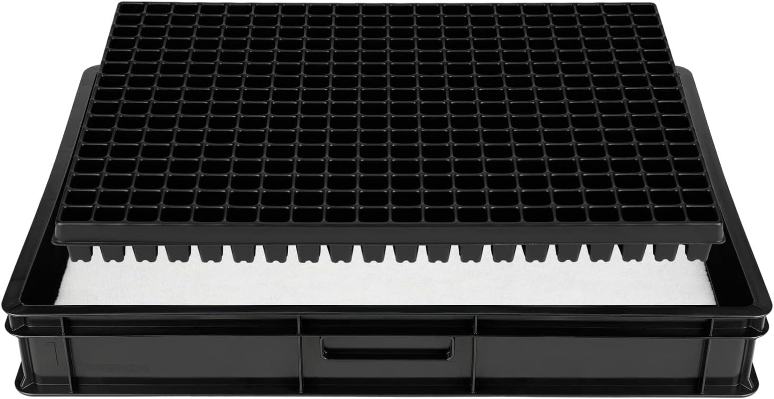 Sistema di propagazione GW-285 composto da vassoio per acqua professionale GW657, tappetino capillare abbinato (assorbimento d'acqua 3 litri per mq) e vassoio per vasi con 285 vasi (23x23 mm, altezza 54 mm) in formato Euro (600x400 mm)