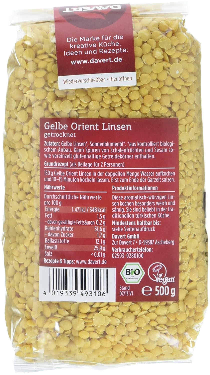 Davert lenticchie gialle orientali (1 x 500 g) - Bio