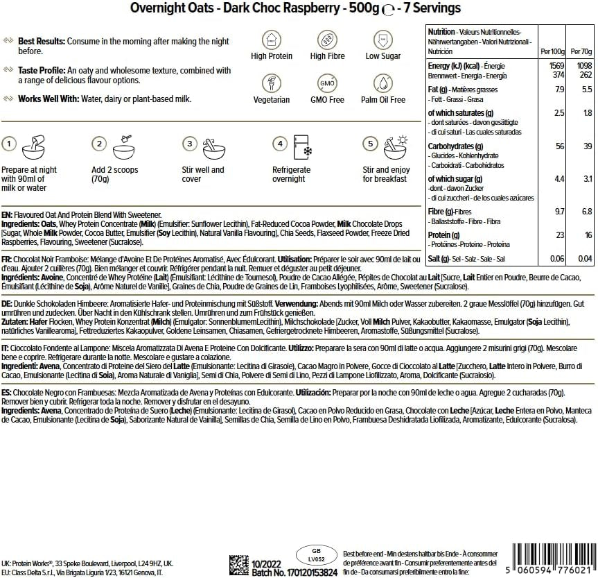 Farina d'avena notturna con proteine ​​| Cioccolato fondente e lampone | Colazione ad alto contenuto proteico | Snack a basso contenuto di zuccheri | Farina d'avena a basso indice glicemico | 500 g