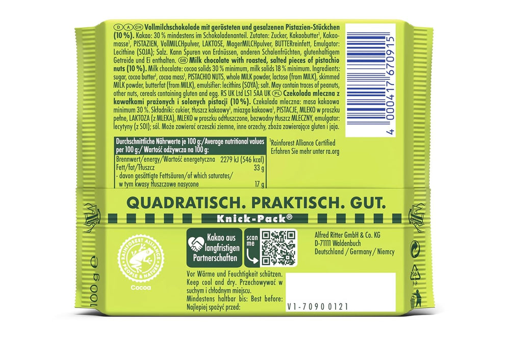 Ritter Sport Pistacchio, cioccolato al latte con fini pezzetti di pistacchio, un classico del cioccolato, perfetto da spuntino e da gustare, un'ottima idea regalo, 12 barrette x 100g