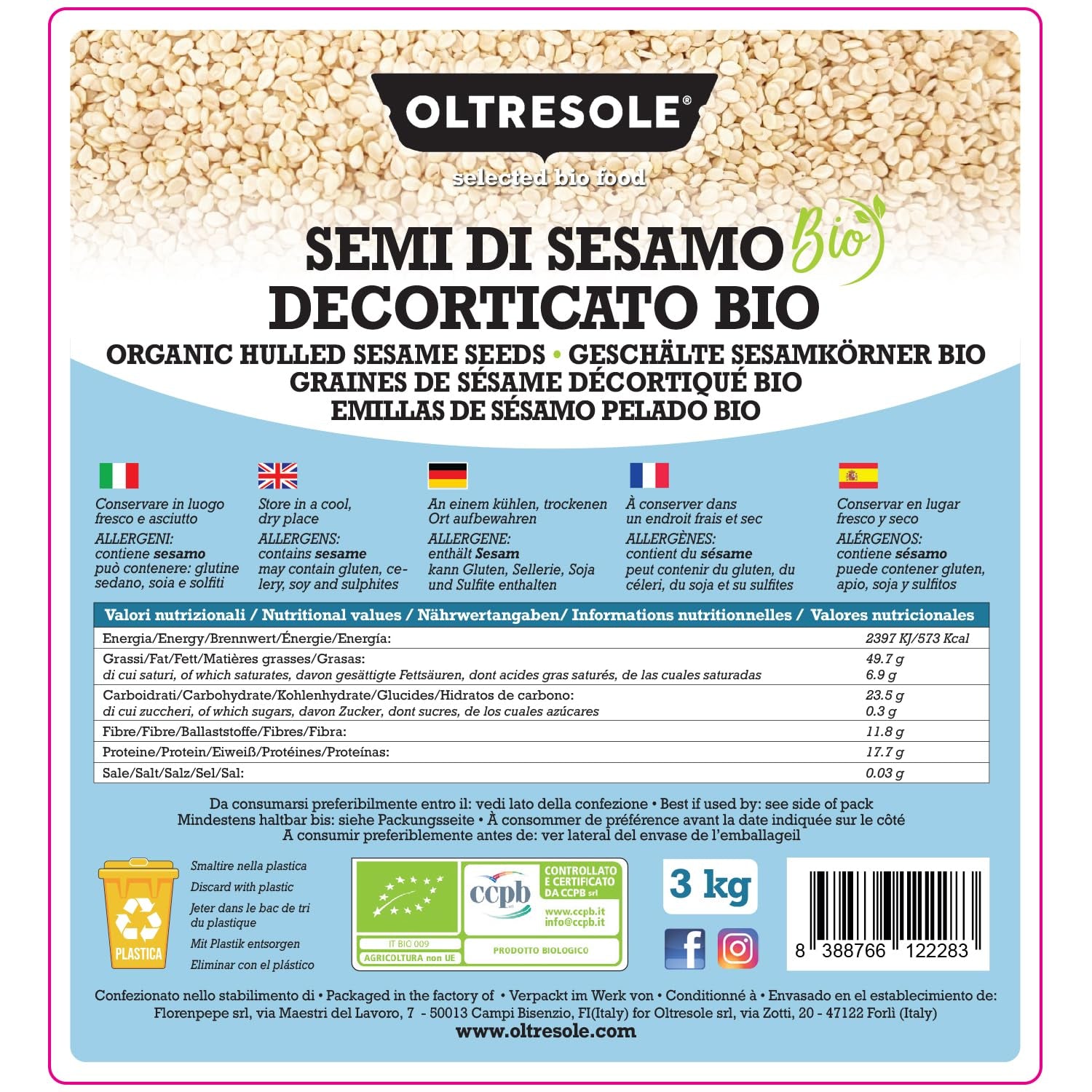Semi di sesamo biologici 3 kg, semi oleosi biologici crudi, sesamo bianco, decorticato naturalmente, non tostato, fonte di calcio e ferro, confezione economica