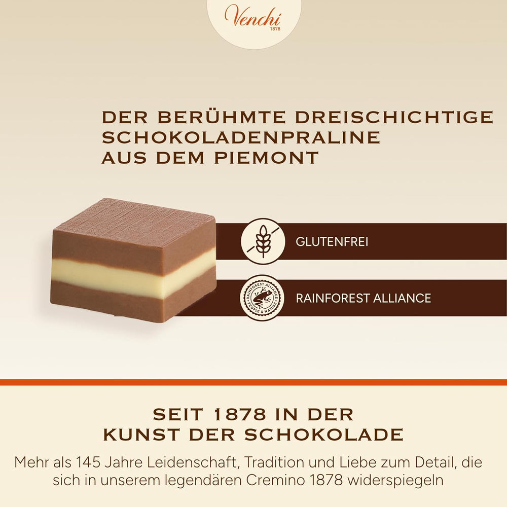 Venchi - Cremini 1878 - Cioccolato tre strati al gianduja con latte e pasta di mandorle, "Nocciola Piemonte IGP", 1 kg, senza glutine, senza coloranti e senza conservanti