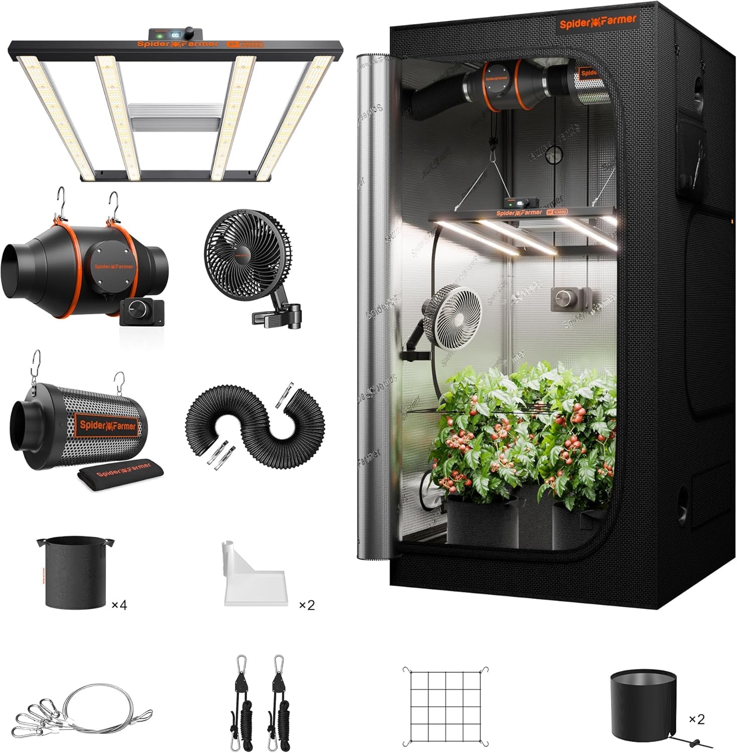 Lampada da coltivazione LED dimmerabile Spider Farmer SF1000 a spettro completo, diodo Samsung LM301H EVO, kit tenda da coltivazione completa 70x70x160 cm, set tenda da coltivazione idroponica, sistema di ventilazione