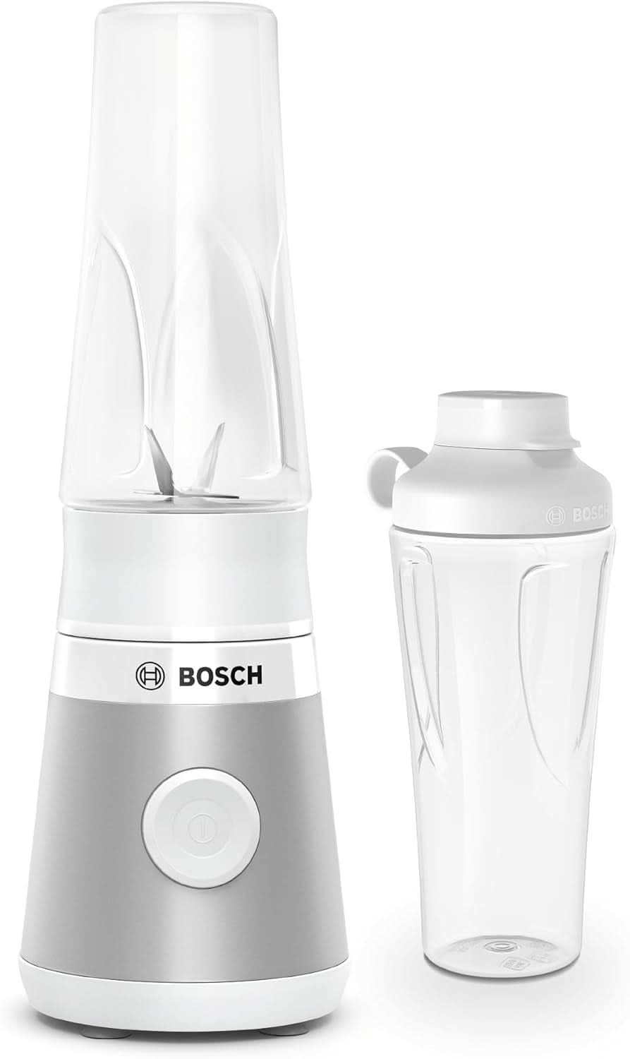 Bosch Mini Robot da Cucina Vitapower Serie 2 MMB2111S, Mixer ad alta velocità, Bis Zu 40.000 giri/min, Tritan Togo-Flasche 0,6 L, Trinkdeckel, Bruchsicher, Spülmasch.Geeignete Teile, 450W, Argento/Schwarz Kitchen Naty Shop Single Silber / Weiß