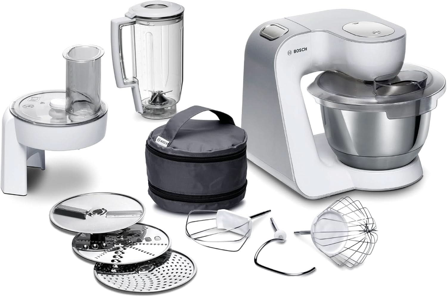 Bosch Küchenmaschine Serie 4 Mum58720, Edelstahl-Schüssel 3,9 L, Mixer 1,25 L, Planetenrührwerk, Knethaken, Schlag, Rührbesen, Durchlaufschnitzler, 3 Scheiben, 1000 W, Dunkelrot/Silber Madre e bambino Naty Shop Weiß / Silber