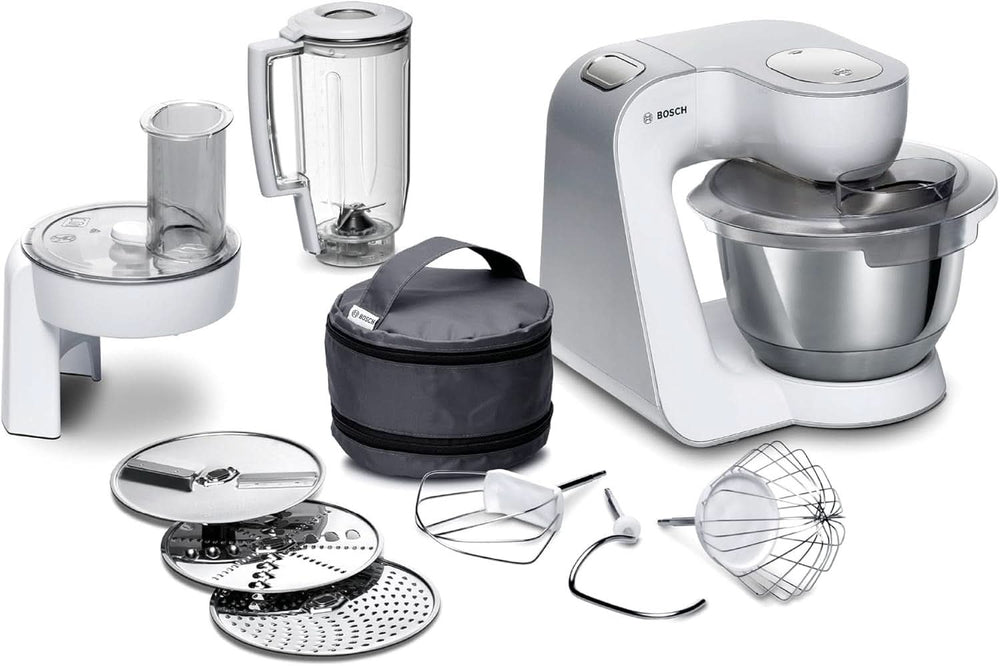 Bosch Küchenmaschine Serie 4 Mum58720, Edelstahl-Schüssel 3,9 L, Mixer 1,25 L, Planetenrührwerk, Knethaken, Schlag, Rührbesen, Durchlaufschnitzler, 3 Scheiben, 1000 W, Dunkelrot/Silber Madre e bambino Naty Shop Weiß / Silber