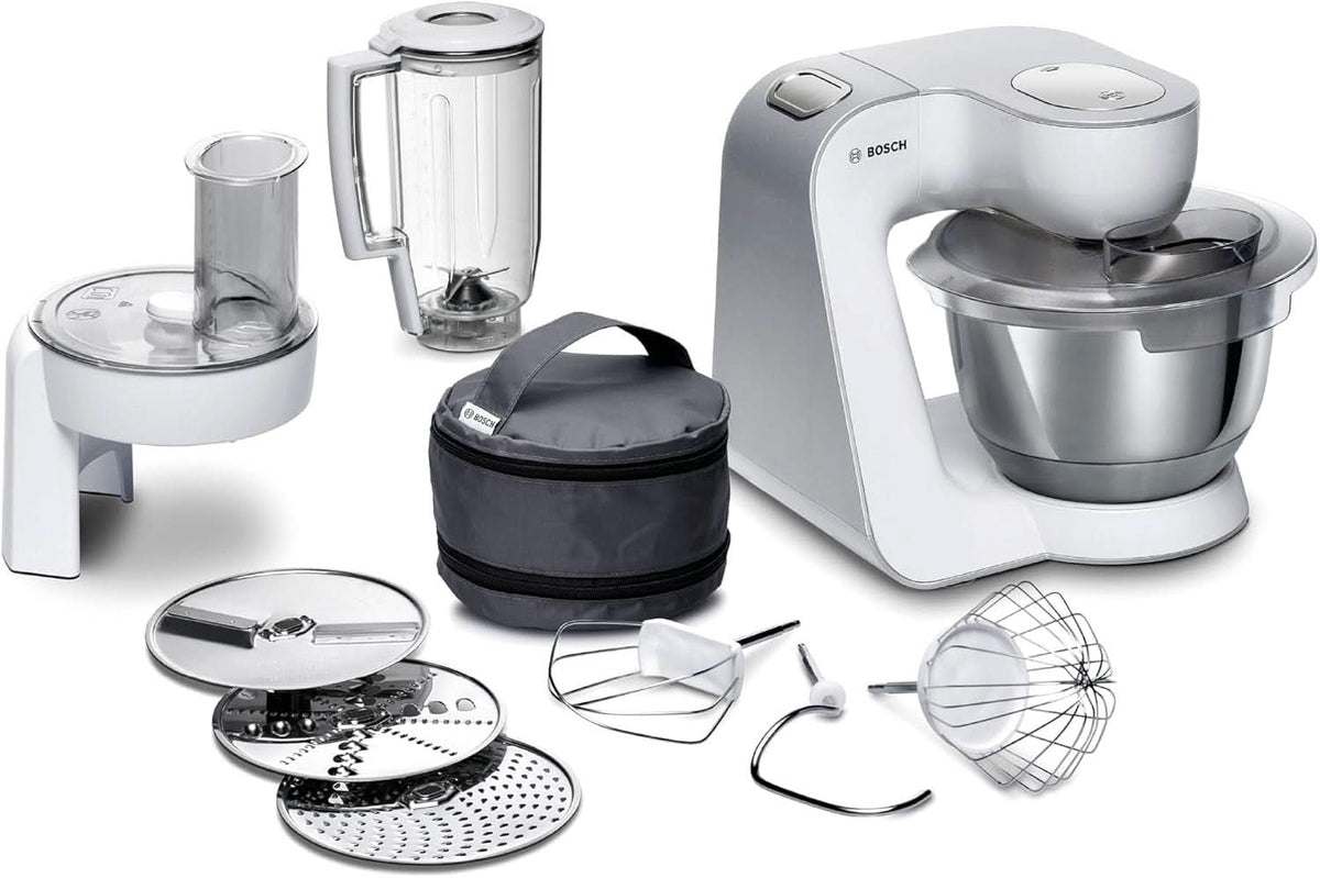 Bosch Küchenmaschine Serie 4 Mum58720, Edelstahl-Schüssel 3,9 L, Mixer 1,25 L, Planetenrührwerk, Knethaken, Schlag, Rührbesen, Durchlaufschnitzler, 3 Scheiben, 1000 W, Dunkelrot/Silber Madre e bambino Naty Shop Weiß / Silber