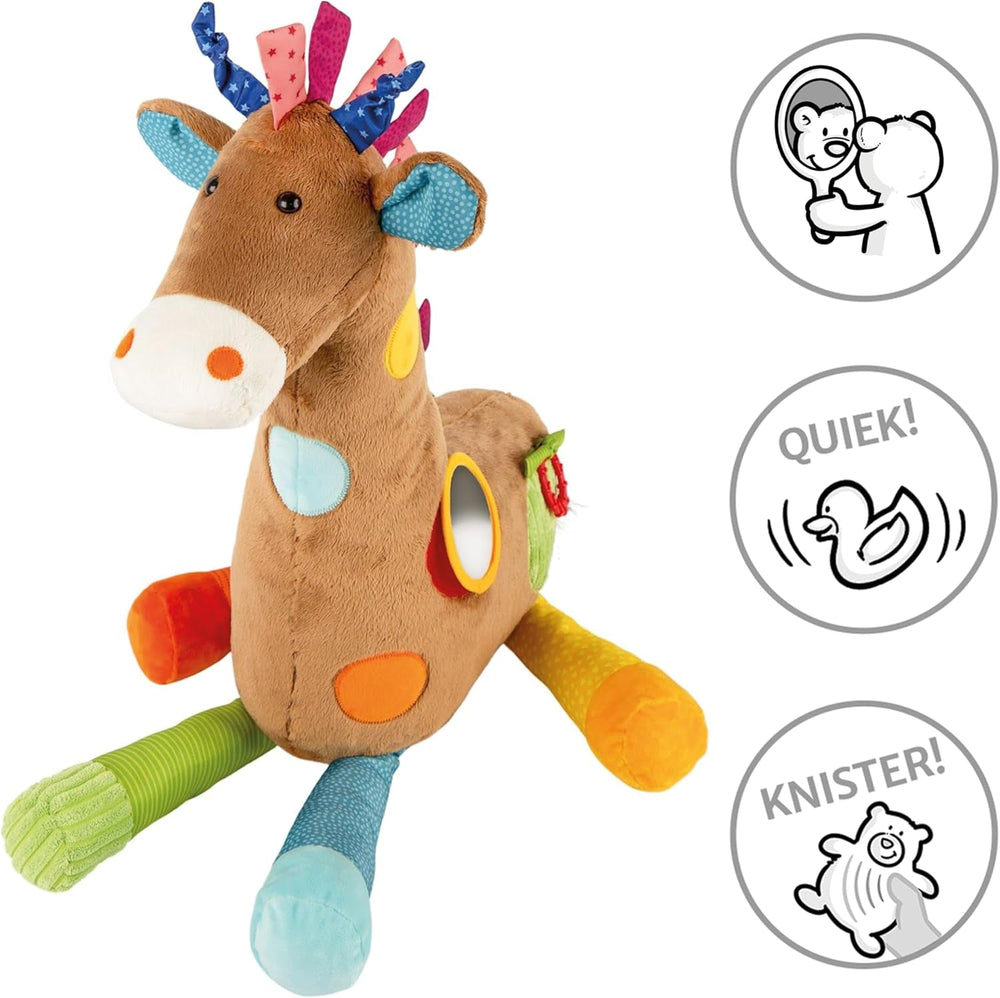 SIGIKID 42863 Jucărie pentru bebeluși girafă XXL, jucărie educativă PlayQ, jucărie de pluș cu inel de dentiție, zornăitor, oglindă, scârțâitor, pentru bebeluși și copii de la 3 luni, multicoloră/girafă 72 cm Jucarii Bebe Naty Shop