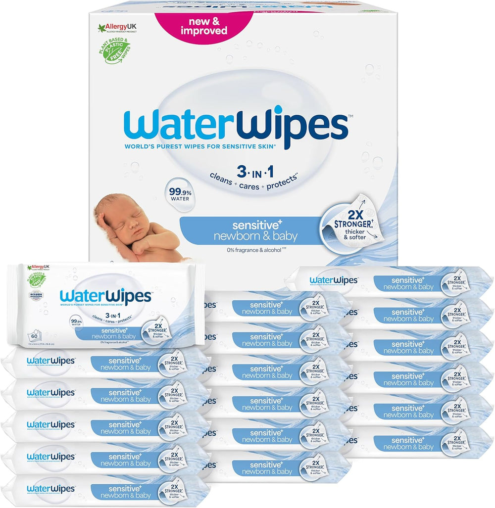 Salviette umidificate WaterWipes Sensitive+ per neonati e bambini, 540 pezzi (9 confezioni), pulizia 3 in 1, cura, protezione, 99,9% acqua, senza profumo