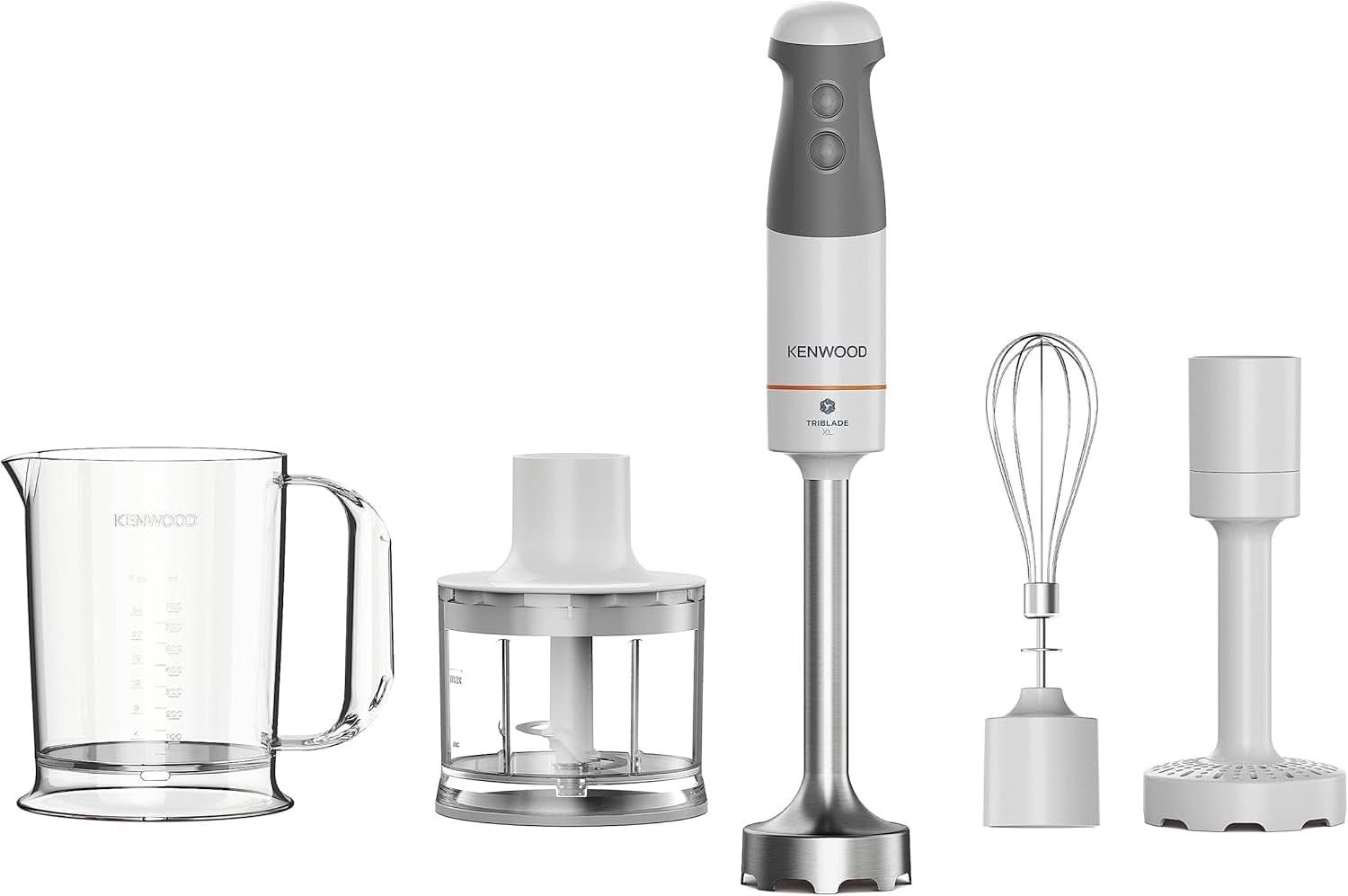 Kenwood Triblade XL Pro Stabmixer HBM80.322BK, 1200W, velocità variabile, Edelstahl(Pürierfuß), Schneebesen, Emulgieraufsatz, 500Ml Zerkleiner, 700 & 250Ml Becher, Spülmaschinenfeste Teile Bucatarie Naty Shop Bianco/Grau Hbm40.306Wh