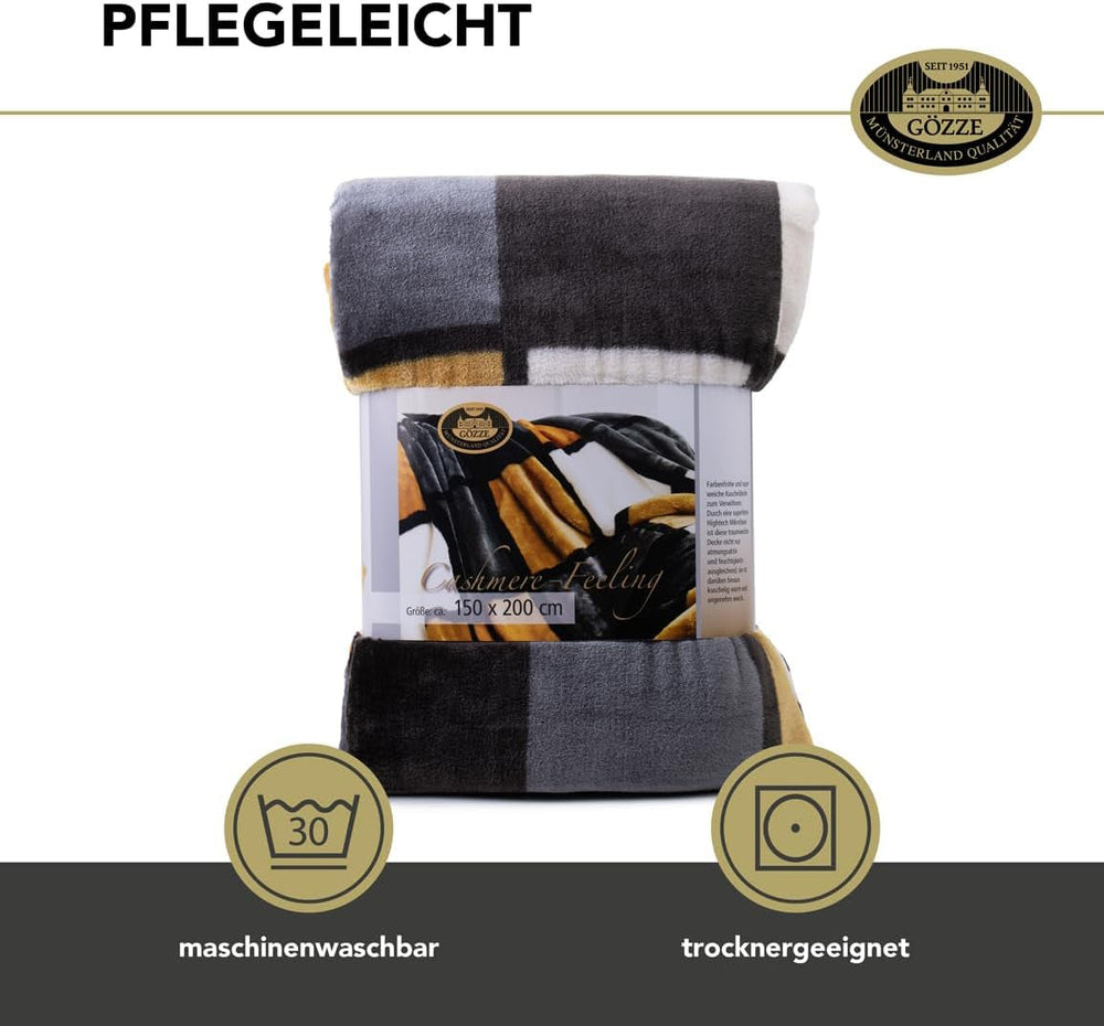 Gözze - Coperta morbida e confortevole, sensazione cashmere, peso tessuto pesante 500 G/M², Antigua, 150 X 200 Cm - Senape/Nero/Bianco Letti e coperte Besuche den Gözze-Store