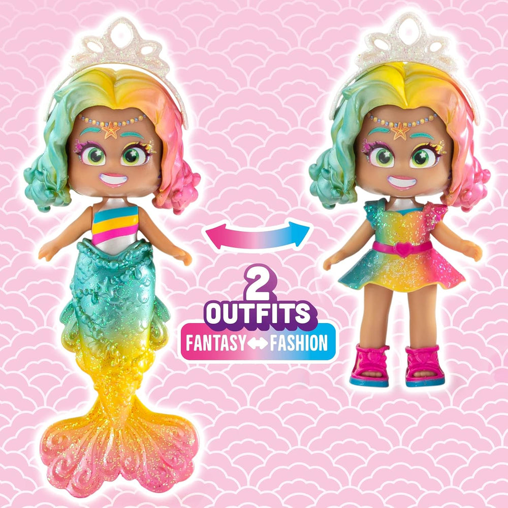 Sirene Coral Meerjungfrauen-Puppe mit 1 Muscheltasche, 1 Meerjungfrauenschwanz, 1 Haustier, Kleidung, Accessoires und Schuhe