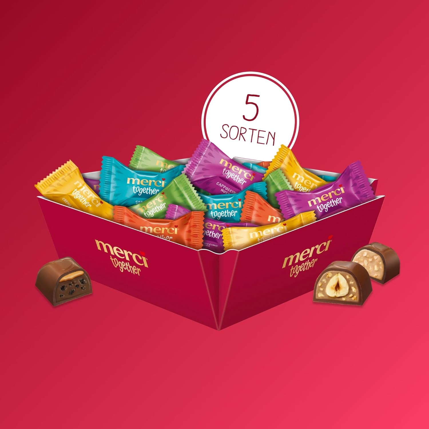 Merci Together - 1 x 175g - Cioccolatini ripieni in cinque varietà con finissimo cioccolato al latte - Praline di cioccolato da condividere e regalare