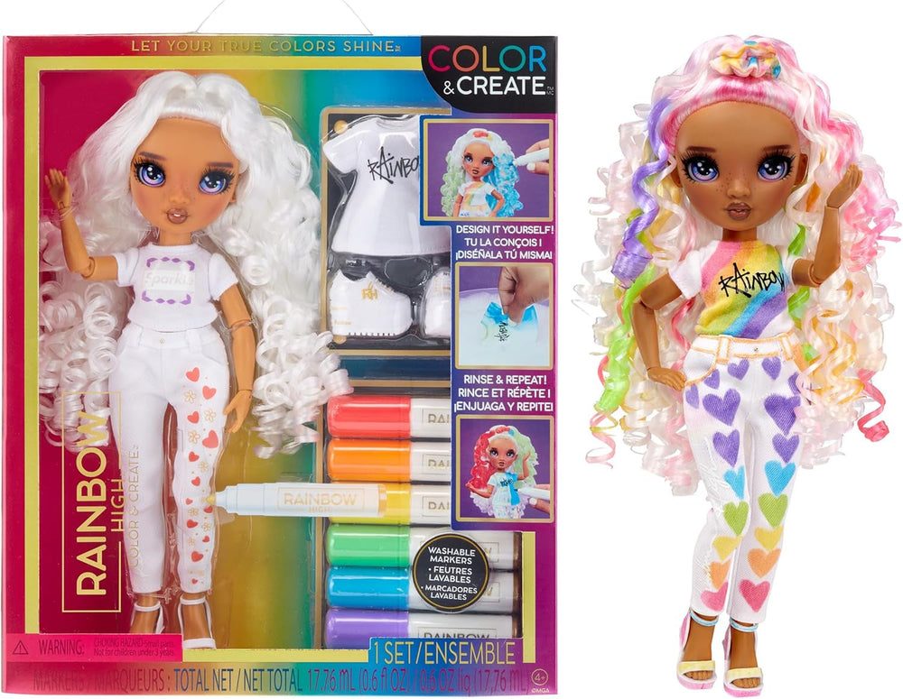 Rainbow High Color & Create DIY Modepuppe - Grüne Augen, Zöpfe, extra Top & Schuhe, abwaschbare Regenbogenstifte - Ausmalen, Gestalten, Spielen, Auswaschen - für Kinder von 4-12 Jahren und Sammler