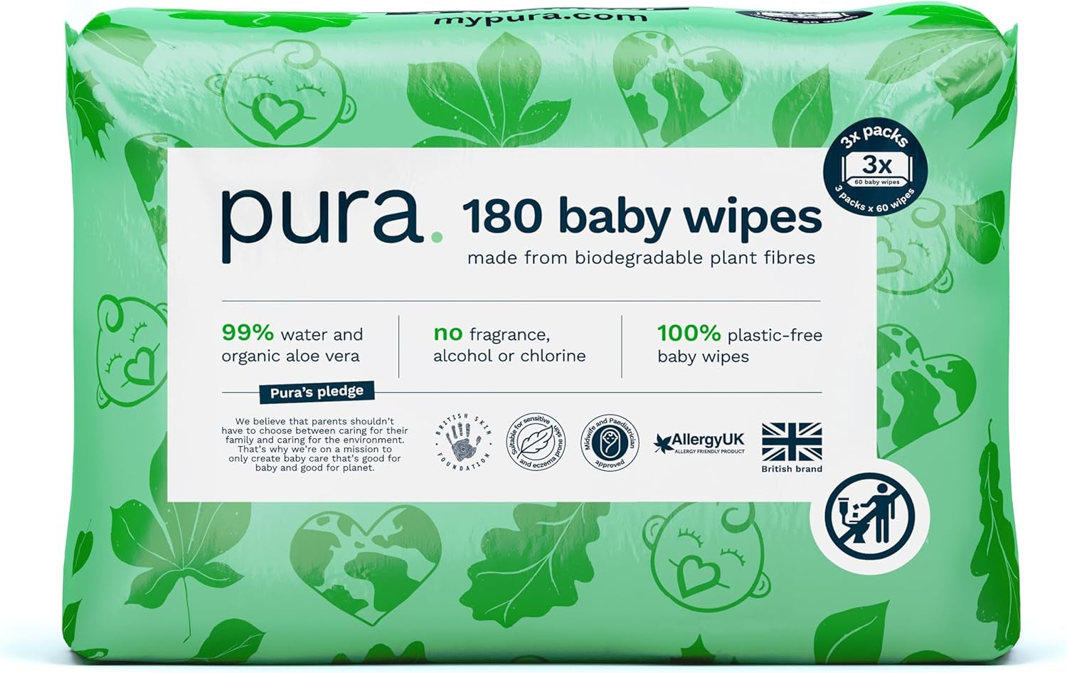 Salviette usa e getta ecologiche per la pelle sensibile del bambino 70 salviette (1 confezione) 99% acqua 100% senza plastica per pelle sensibile incline all'eczema Neonato biodegradabile Vegan