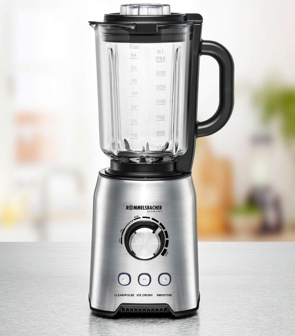 ROMMELSBACHER Robot da cucina MX 1250-22.000 U/Min, Stufenlose Drehzahlregulierung, Funktionsstasten (Smoothie, Clean/Pulse, Ice Crush), Glaskrug, Edelstahlgehäuse, Spezialmesser, 1200 Watt Kitchen Naty Shop